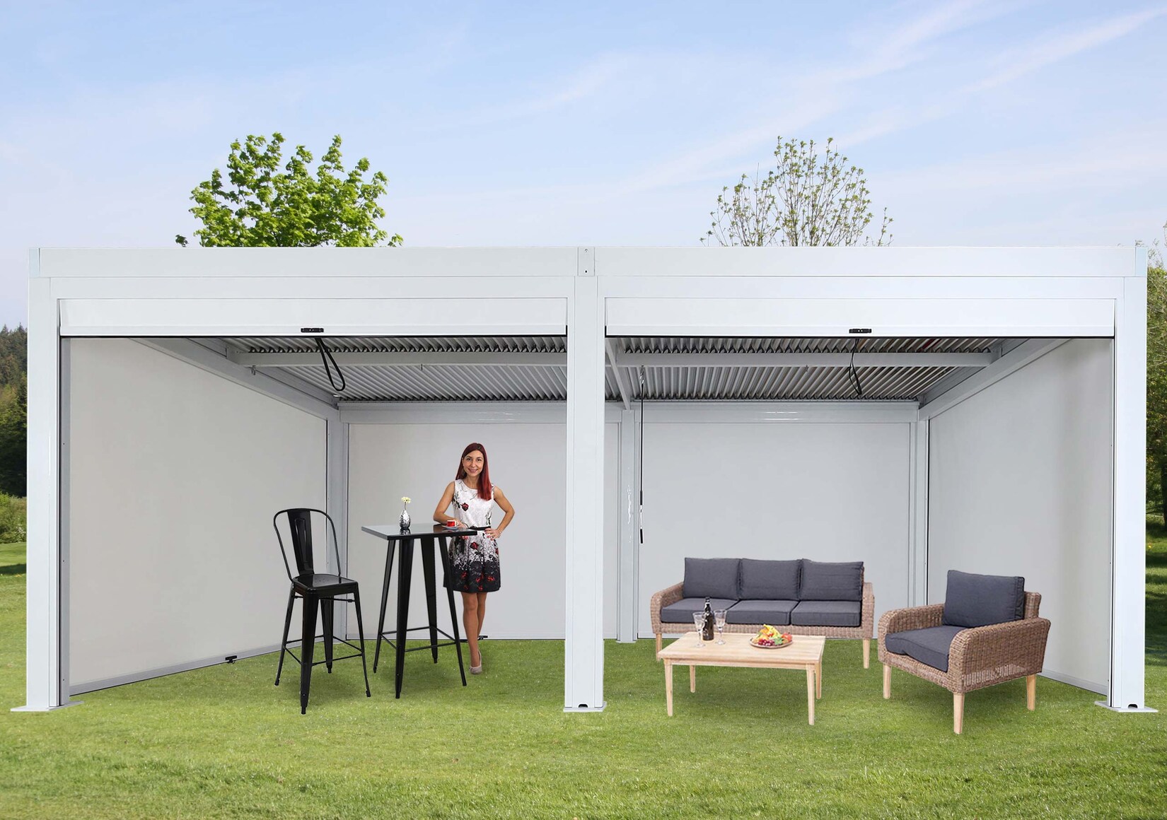Pergola MCW-L46 mit 6x Seitenwand, Gartenpavillon Lamellen-Pavillon Rollo, 11cm-Alu-Gestell, sturmfest 3x6m ~ weiß | 04057651822976