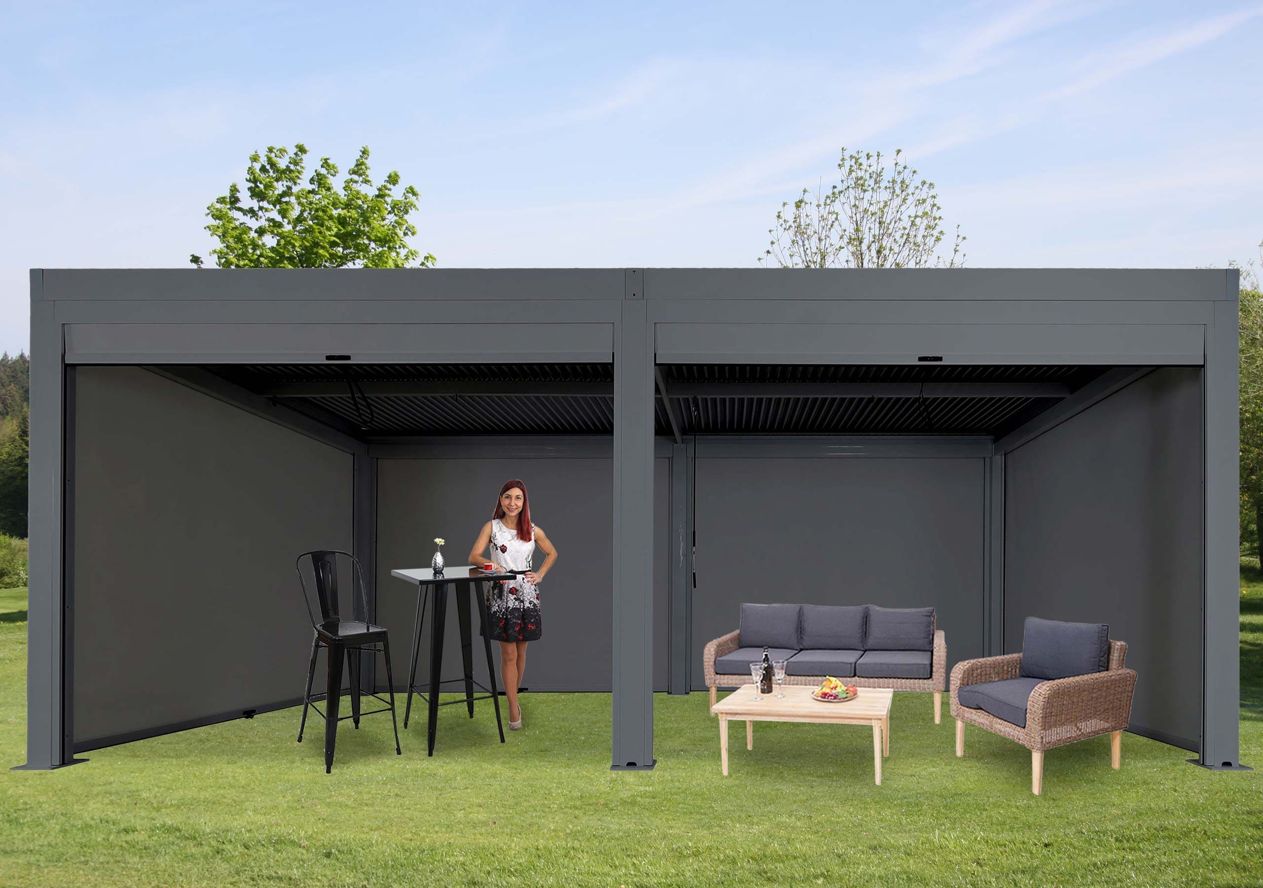 Pergola MCW-L46 mit 6x Seitenwand, Gartenpavillon Lamellen-Pavillon Rollo, 11cm-Alu-Gestell, sturmfest 3x6m ~ anthrazit - Bild 1