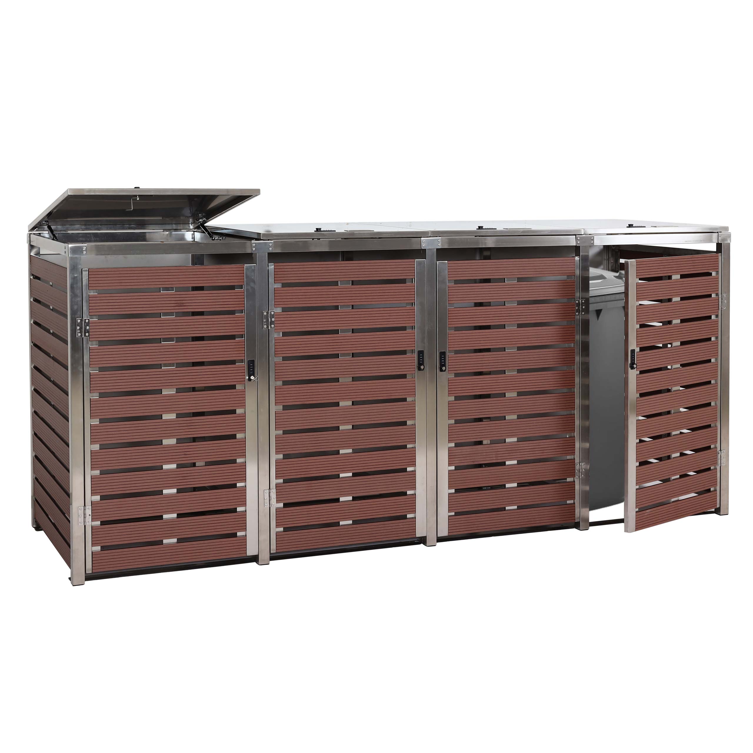 4er M&uuml;lltonnenverkleidung MCW-K14, M&uuml;lltonnenbox, 120x264x85cm WPC Edelstahl 128kg ~ Walnuss-Holzoptik - Bild 1