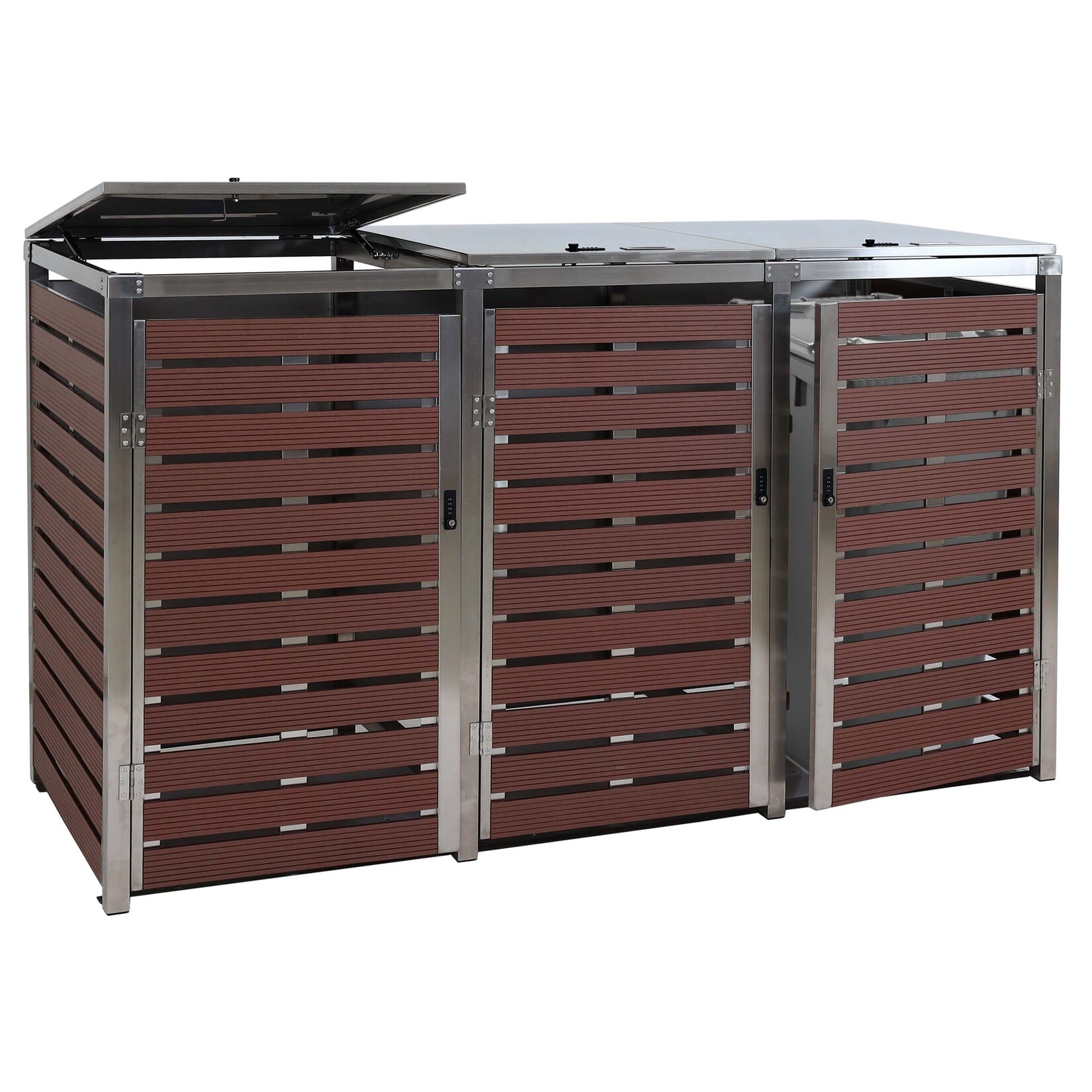 3er Mülltonnenverkleidung MCW-K14, Mülltonnenbox, 120x200x85cm WPC Edelstahl 104kg ~ Walnuss-Holzoptik
