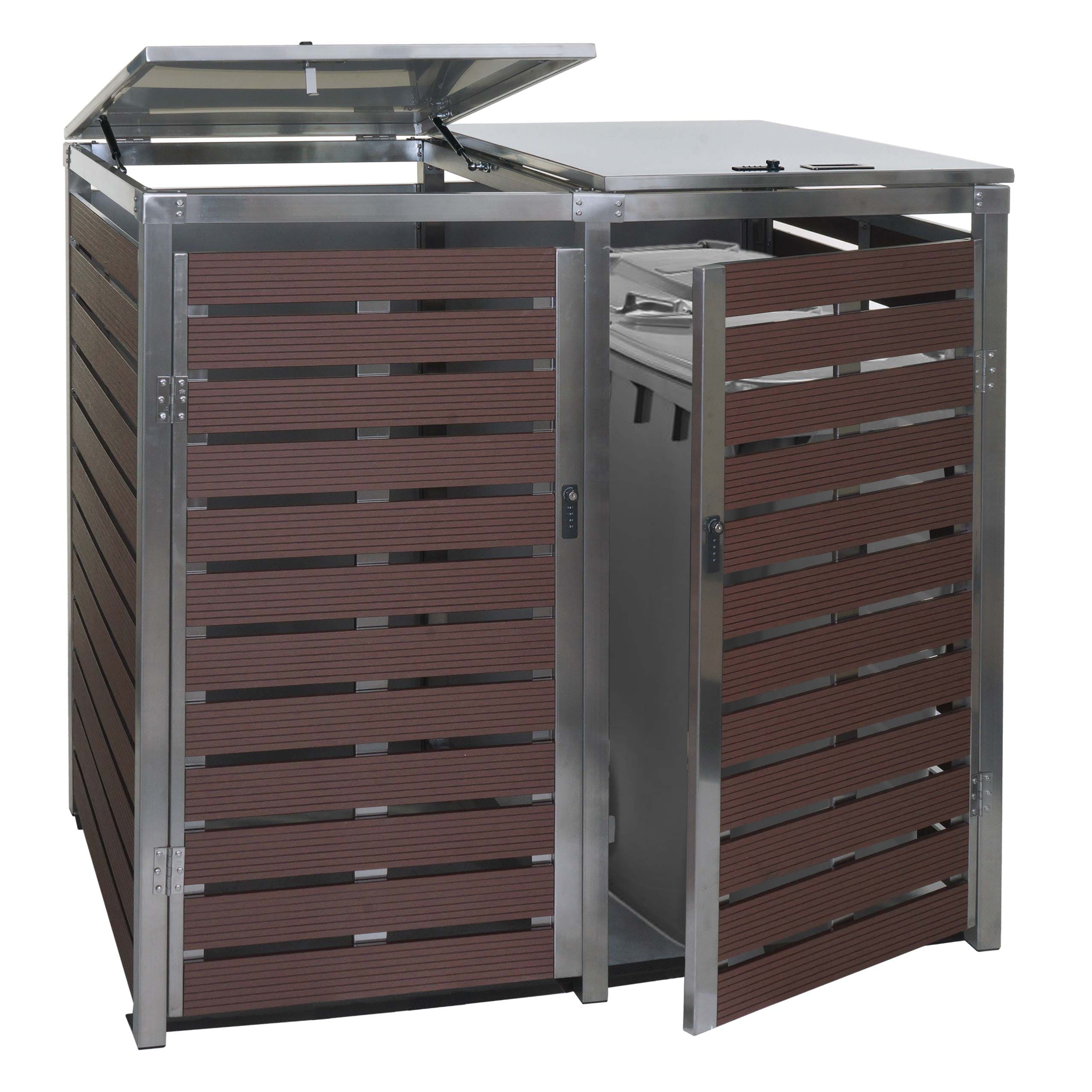 XL 2er/4er M&uuml;lltonnenverkleidung MCW-K14, M&uuml;lltonnenbox, 117x144x102cm WPC Edelstahl 88kg ~ Walnuss-Holzoptik - Bild 1