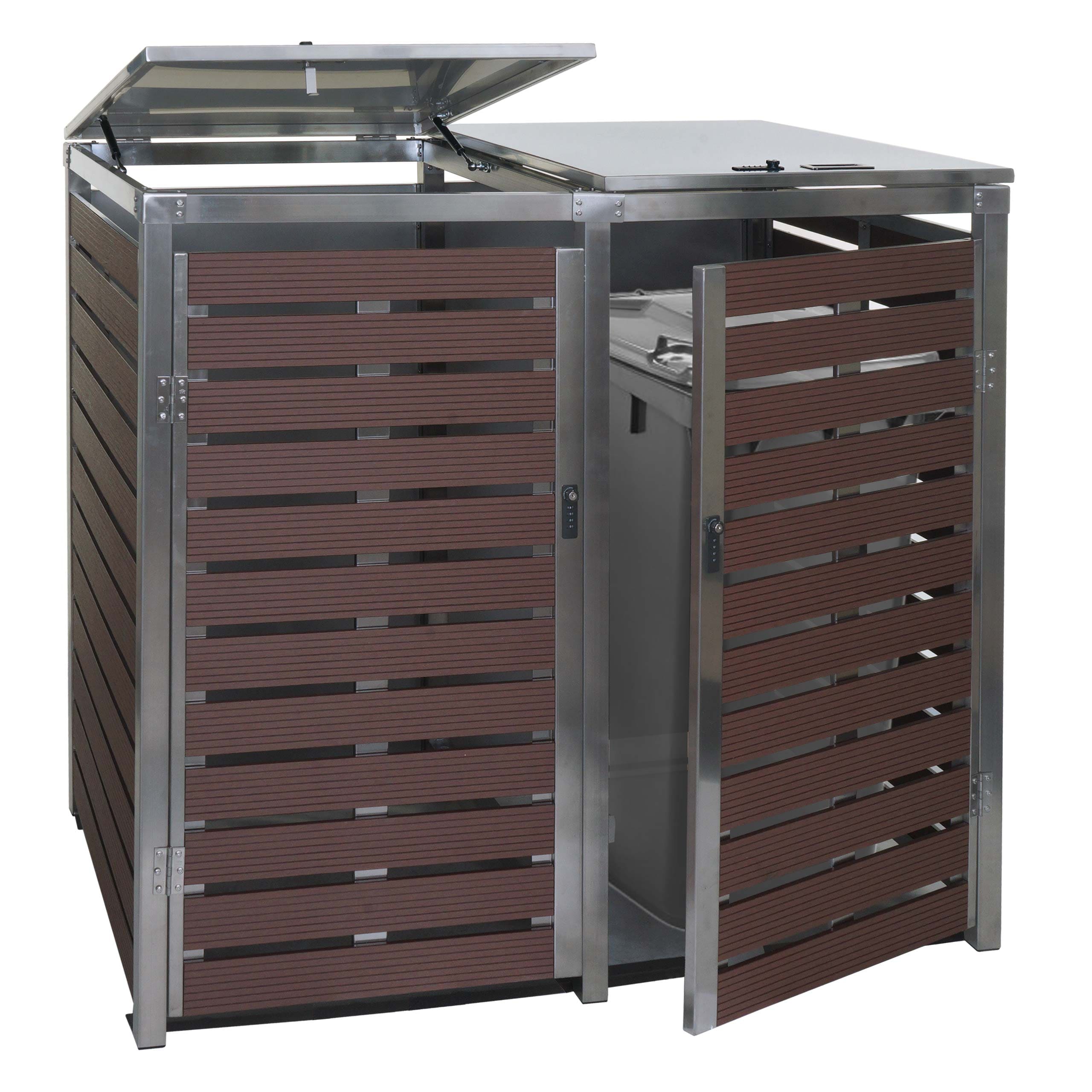 2er M&uuml;lltonnenverkleidung MCW-K14, M&uuml;lltonnenbox, 119x134x84cm WPC Edelstahl 78kg ~ Walnuss-Holzoptik - Bild 1