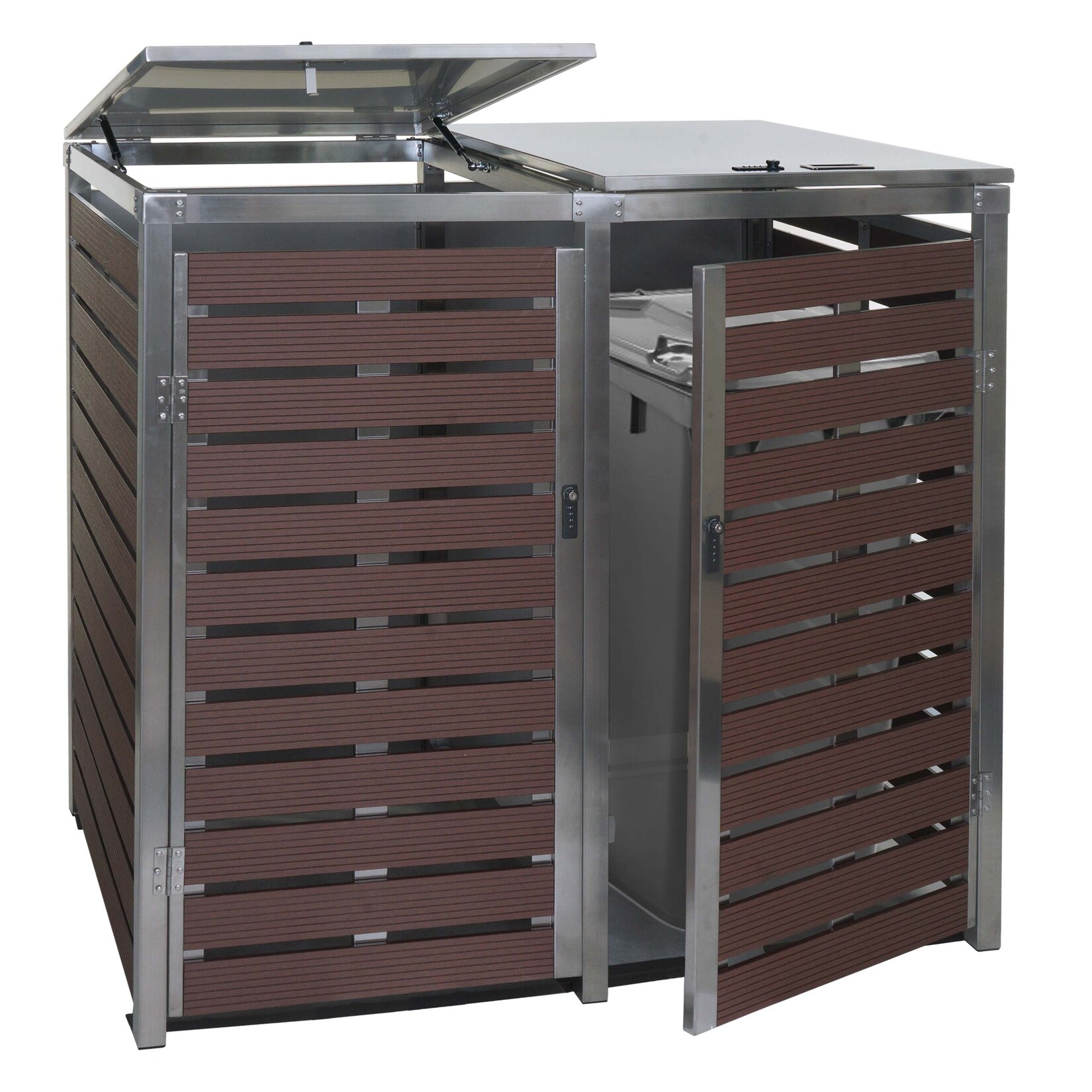 2er Mülltonnenverkleidung MCW-K14, Mülltonnenbox, 119x134x84cm WPC Edelstahl 78kg ~ Walnuss-Holzoptik