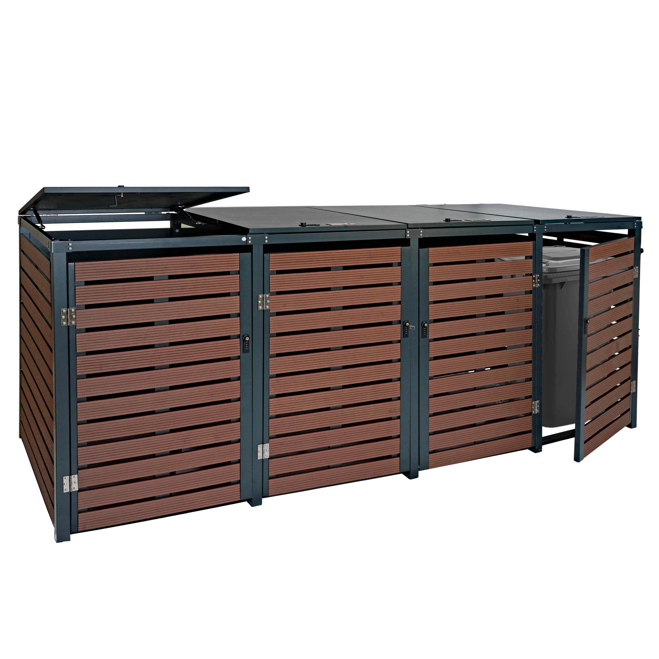 4er M&uuml;lltonnenverkleidung MCW-K14, M&uuml;lltonnenbox M&uuml;lltonnenabdeckung, 119x264x84cm WPC Metall 130kg ~ Walnuss-Holzoptik - Bild 1