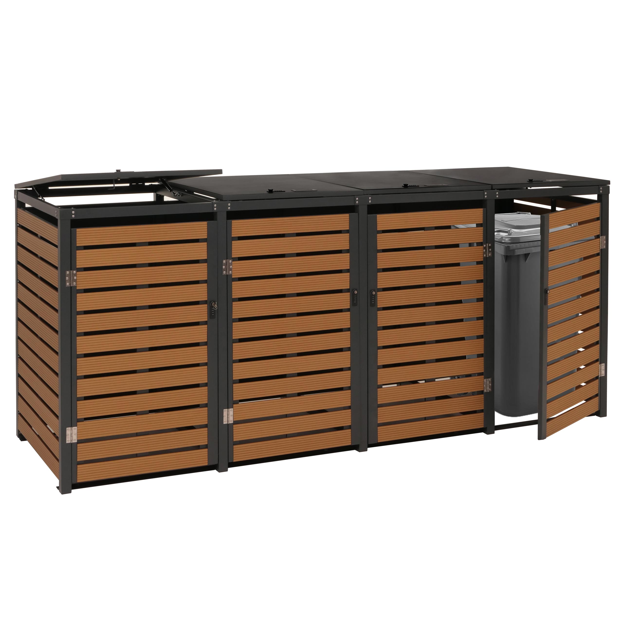 4er M&uuml;lltonnenverkleidung MCW-K14, M&uuml;lltonnenbox M&uuml;lltonnenabdeckung, 119x264x84cm WPC Metall 130kg ~ Teak-Optik - Bild 1