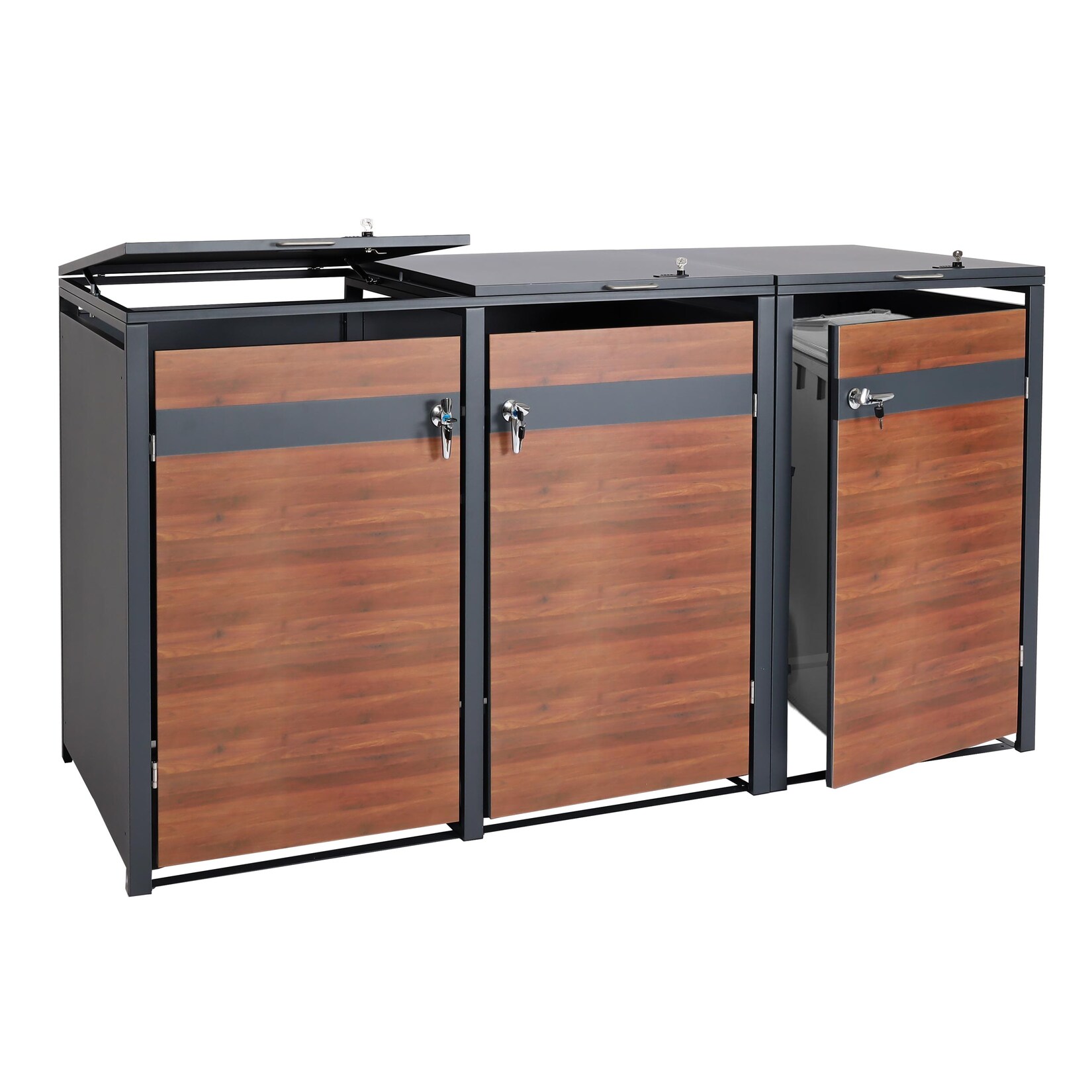 XL 3er/6er-Mülltonnenverkleidung MCW-J82, Mülltonnenbox, Metall 97kg, anthrazit ~ Kirsche-Holzoptik dunkelbraun