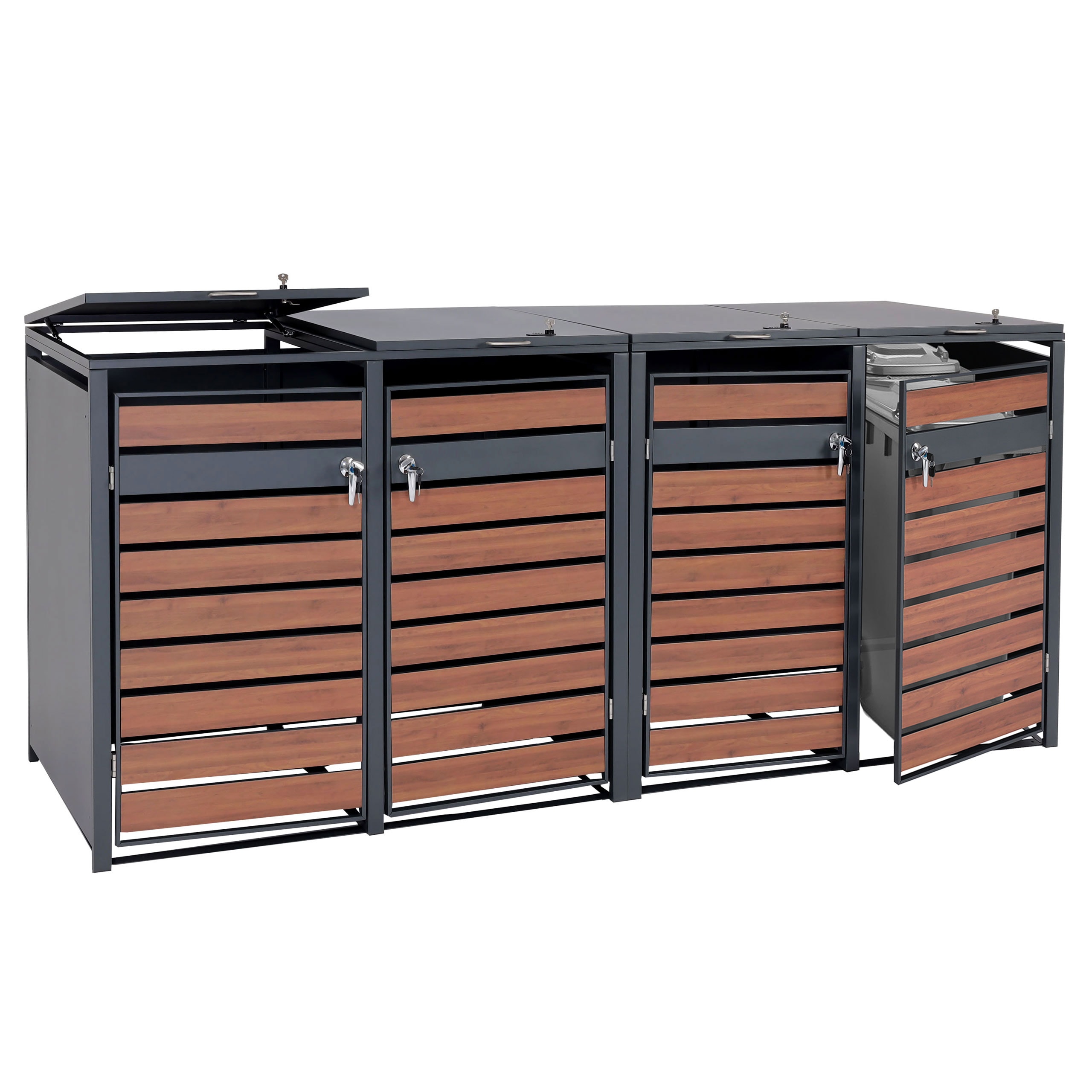 XL 4er/8er-M&uuml;lltonnenverkleidung MCW-J81, M&uuml;lltonnenbox, Metall 118kg anthrazit ~ Kirsche-Holzoptik dunkelbraun - Bild 1