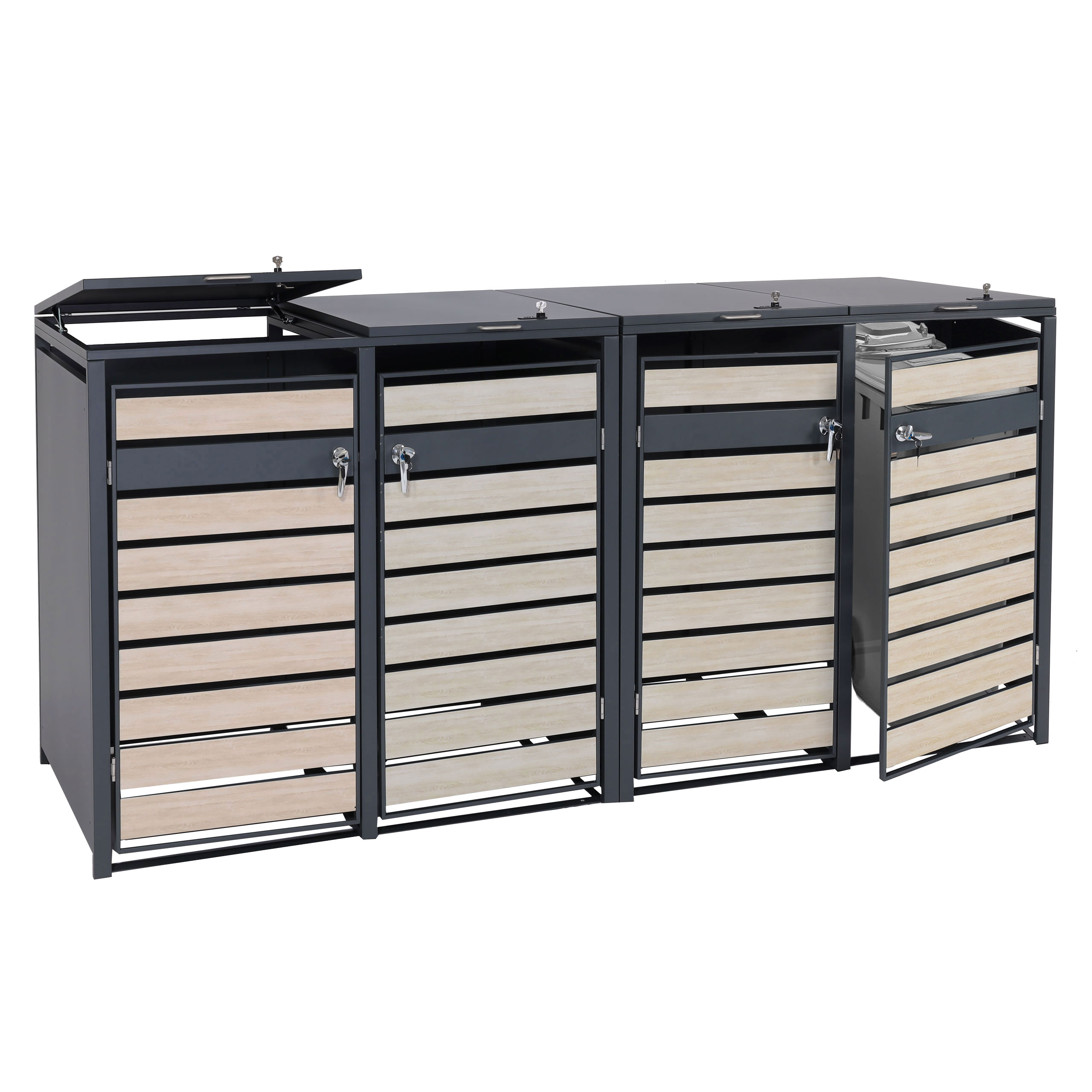 XL 4er/8er-M&uuml;lltonnenverkleidung MCW-J81, M&uuml;lltonnenbox, Metall 118kg anthrazit ~ Buche-Holzoptik hellbraun - Bild 1