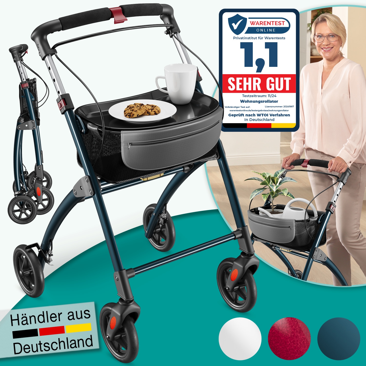 ELONEO Wohnungsrollator 54cm breit, faltbar und leicht, inkl. Tablett & Stoffkorb »Premium«, anthrazit