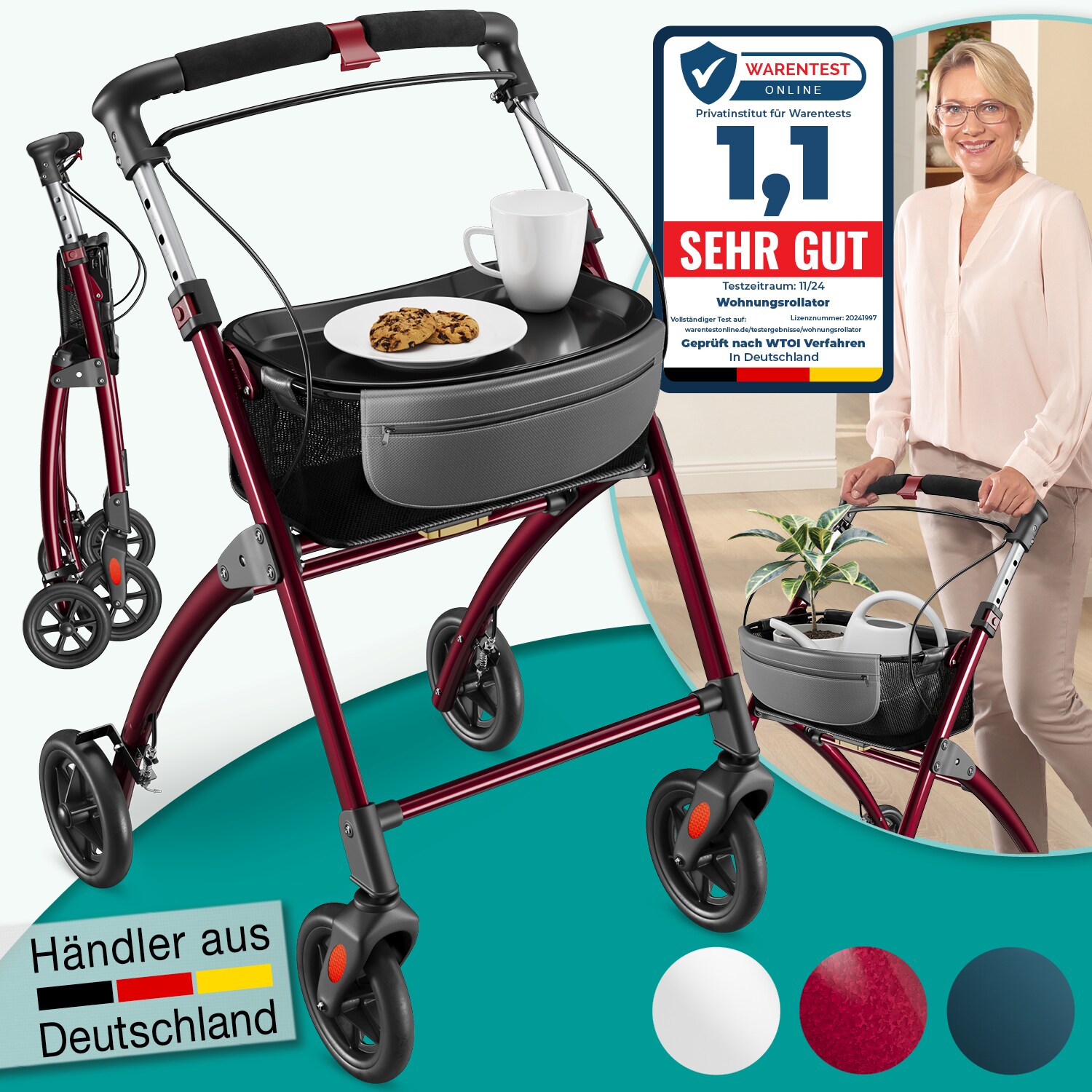 ELONEO Wohnungsrollator 54cm breit, faltbar und leicht, inkl. Tablett & Stoffkorb »Premium«, rot