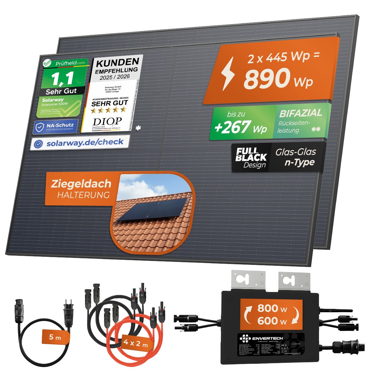 Solarway&reg; 890W Balkonkraftwerk 800W komplett Steckdose - neuester 800 Watt Wechselrichter - Solaranlage Komplettset - 445W bifaziale Solarmodule & Envertech & Zubeh&ouml;r - Bild 1