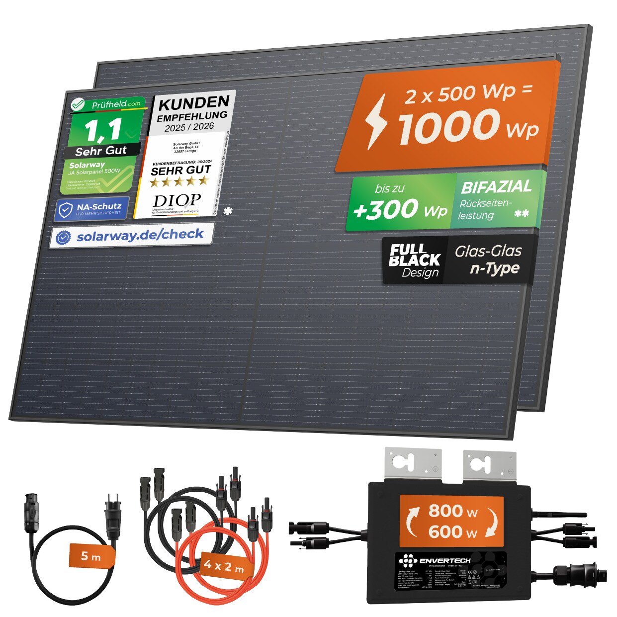 Solarway&reg; 1000W Balkonkraftwerk 800W komplett Steckdose - neuester 800 Watt Wechselrichter - Solaranlage Komplettset - 500W bifaziale Solarmodule & Envertech & Zubeh&ouml;r - Bild 1
