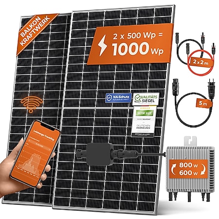 Solarway Balkonkraftwerk 1000W Komplett Set, 600/800W Ausgang einstellbar, 2x500W JaSolar-Module, Deye + APP/WIFI - Bild 1