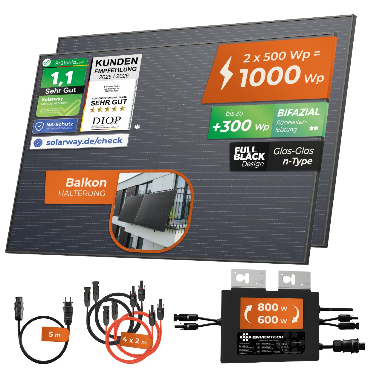 Solarway® 1000W Balkonkraftwerk 800W komplett Steckdose - neuester 800 Watt Wechselrichter - Solaranlage Komplettset - 500W bifaziale …