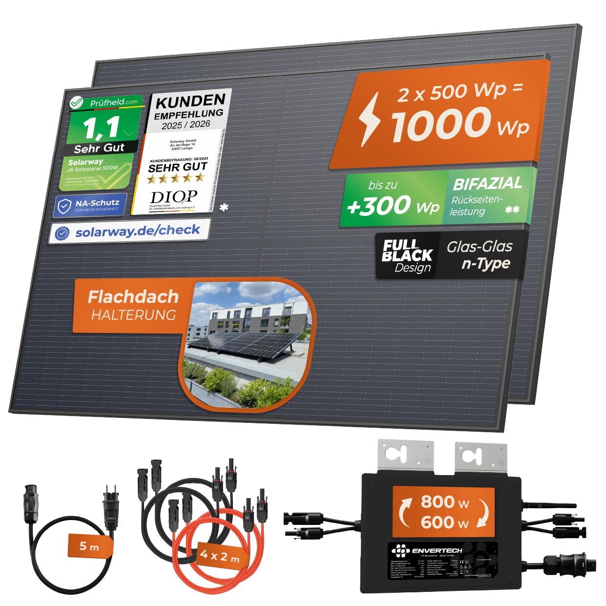 Solarway&reg; 1000W Balkonkraftwerk 800W komplett Steckdose - neuester 800 Watt Wechselrichter - Solaranlage Komplettset - 500W bifaziale Solarmodule & Envertech & Zubeh&ouml;r - Bild 1