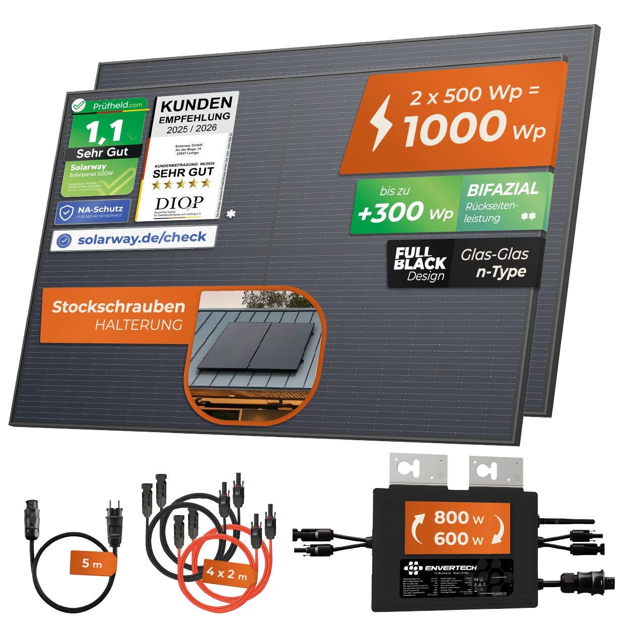 Solarway® 1000W Balkonkraftwerk 800W komplett Steckdose - neuester 800 Watt Wechselrichter - Solaranlage Komplettset - 500W bifaziale …