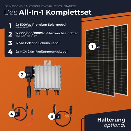 Solarway Balkonkraftwerk 1000W Komplett Set, 600/800/1000W Ausgang  einstellbar, 2x500W JaSolar-Module, Deye + APP/WIFI online kaufen bei Netto
