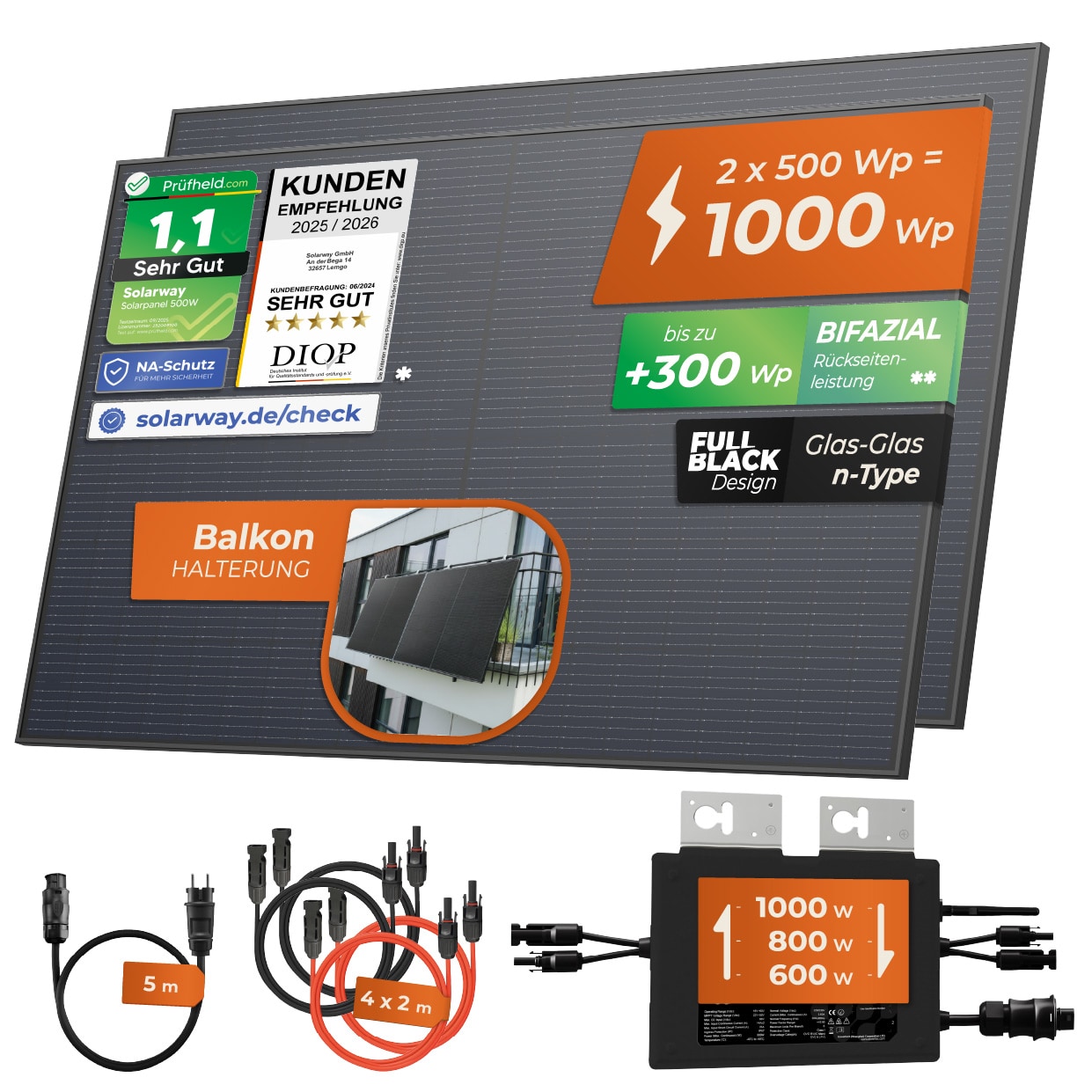 Solarway&reg; Balkonkraftwerk 1000W komplett Steckdose - neuester 1000 Watt Wechselrichter - Solaranlage Komplettset - 500W bifaziale Solarmodule & Envertech & Zubeh&ouml;r - Bild 1
