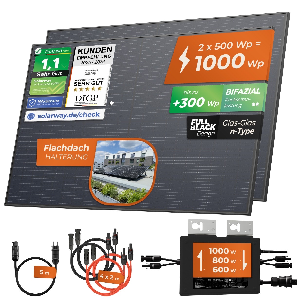 Solarway&reg; Balkonkraftwerk 1000W komplett Steckdose - neuester 1000 Watt Wechselrichter - Solaranlage Komplettset - 500W bifaziale Solarmodule & Envertech & Zubeh&ouml;r - Bild 1
