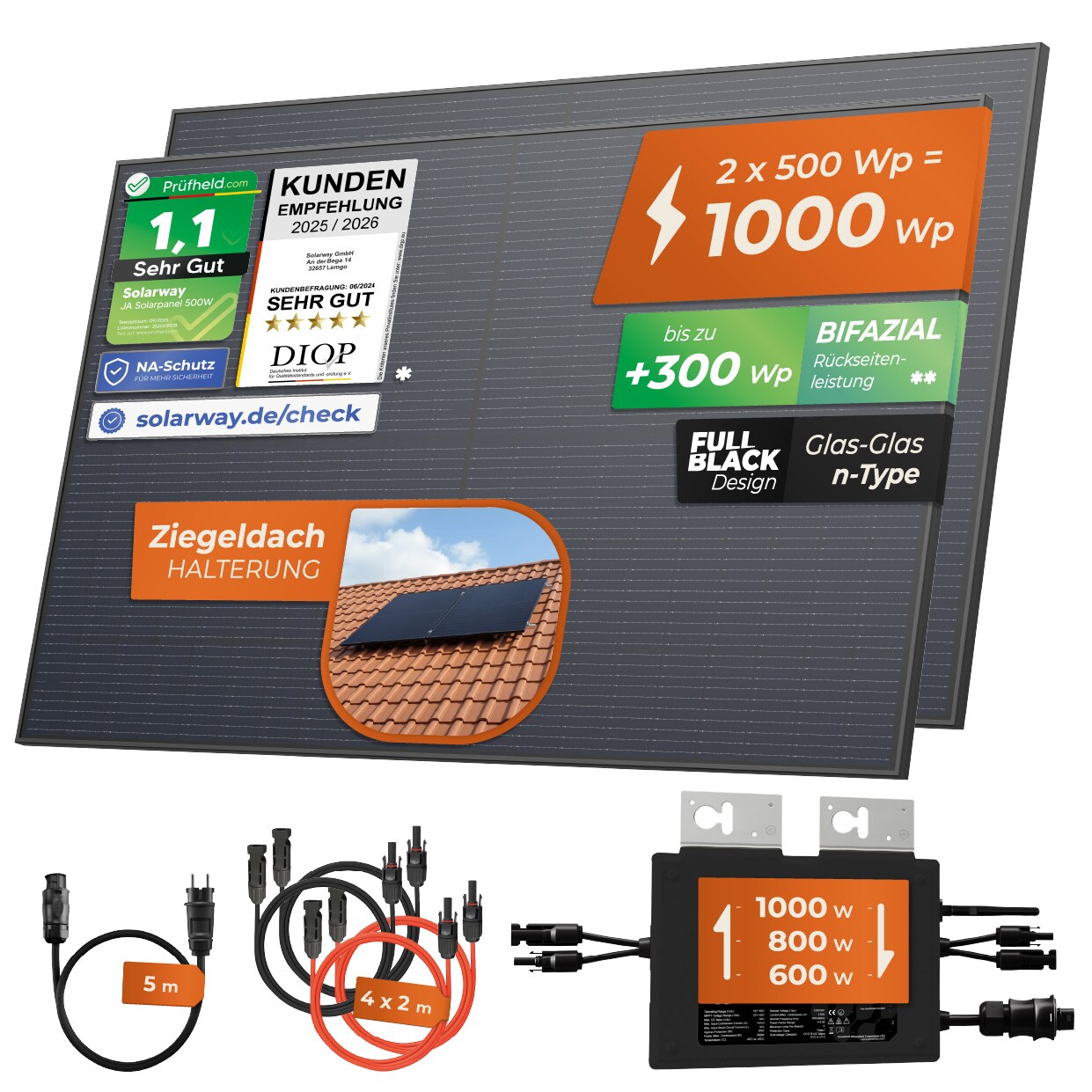 Solarway&reg; Balkonkraftwerk 1000W komplett Steckdose - neuester 1000 Watt Wechselrichter - Solaranlage Komplettset - 500W bifaziale Solarmodule & Envertech & Zubeh&ouml;r - Bild 1