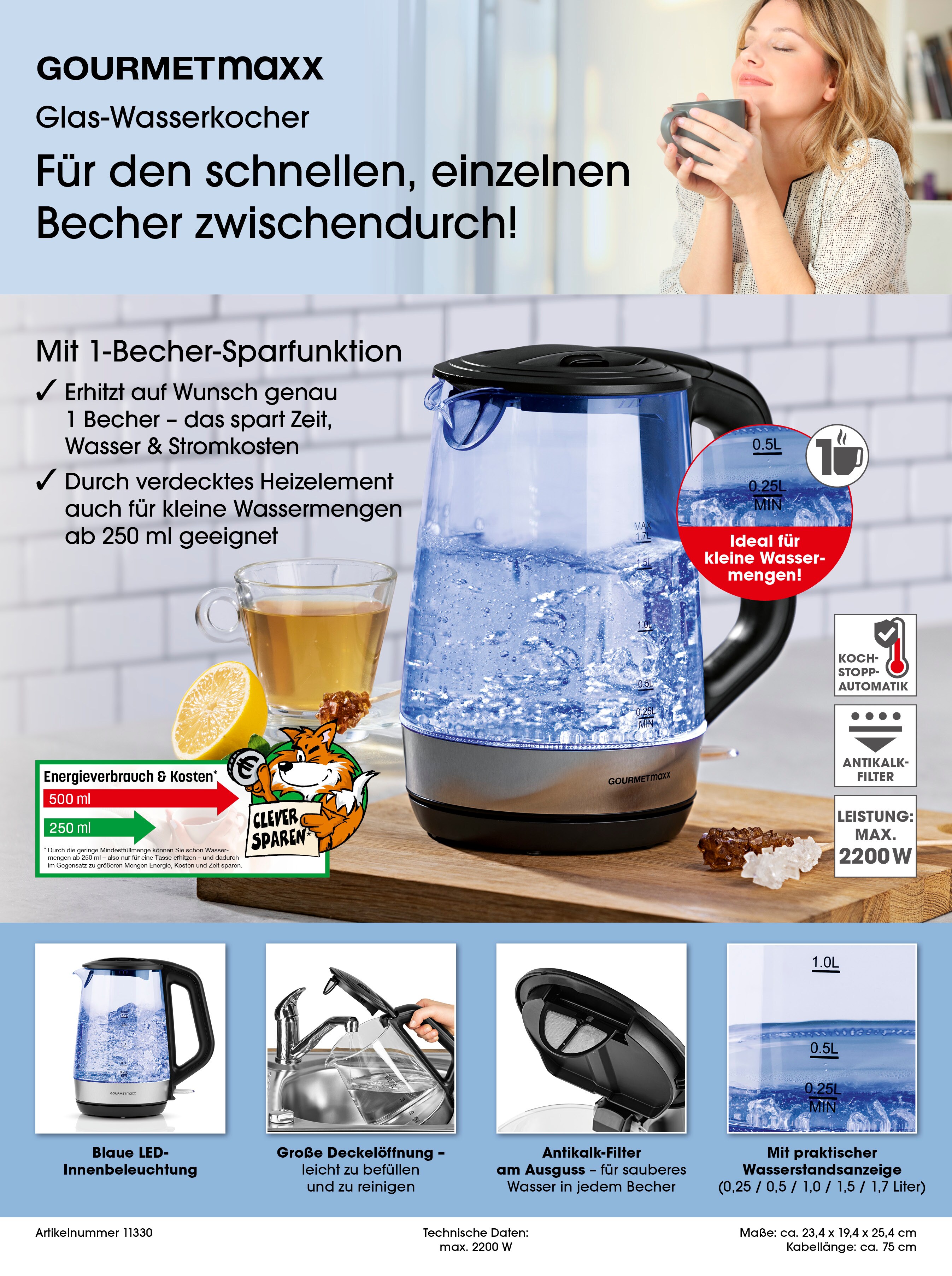 GOURMETmaxx Glas-Wasserkocher 1,7l - LED Farbwechsel 2200W Temperaturregelung