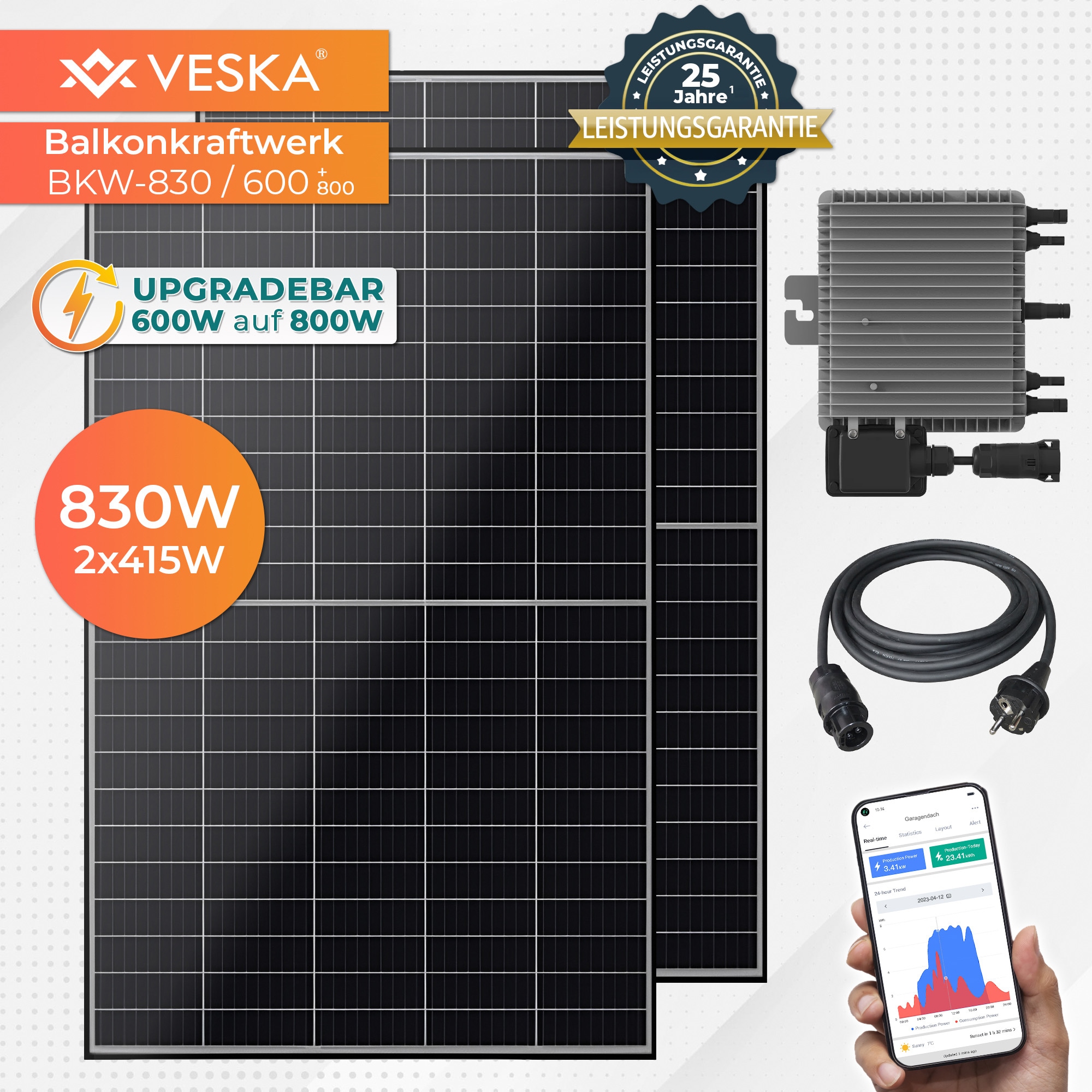 Veska Balkonkraftwerk 830 W / 600+800W Photovoltaik Solaranlage Steckerfertig WIFI Smarte Mini-PV Anlage 600 Watt genehmigungsfrei, Schwarz - Bild 1