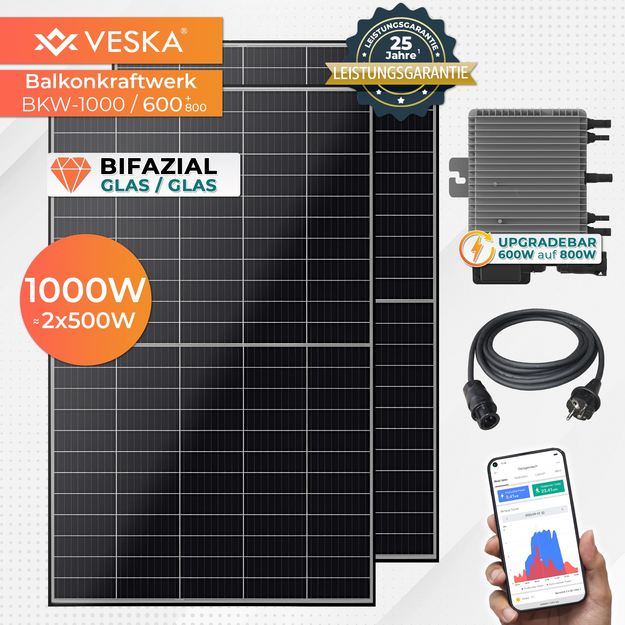 Balkonkraftwerk 1000/600+800W upgradef&auml;hig Bifazial Photovoltaik Solaranlage WIFI Smarte Mini-PV Anlage - Bild 1