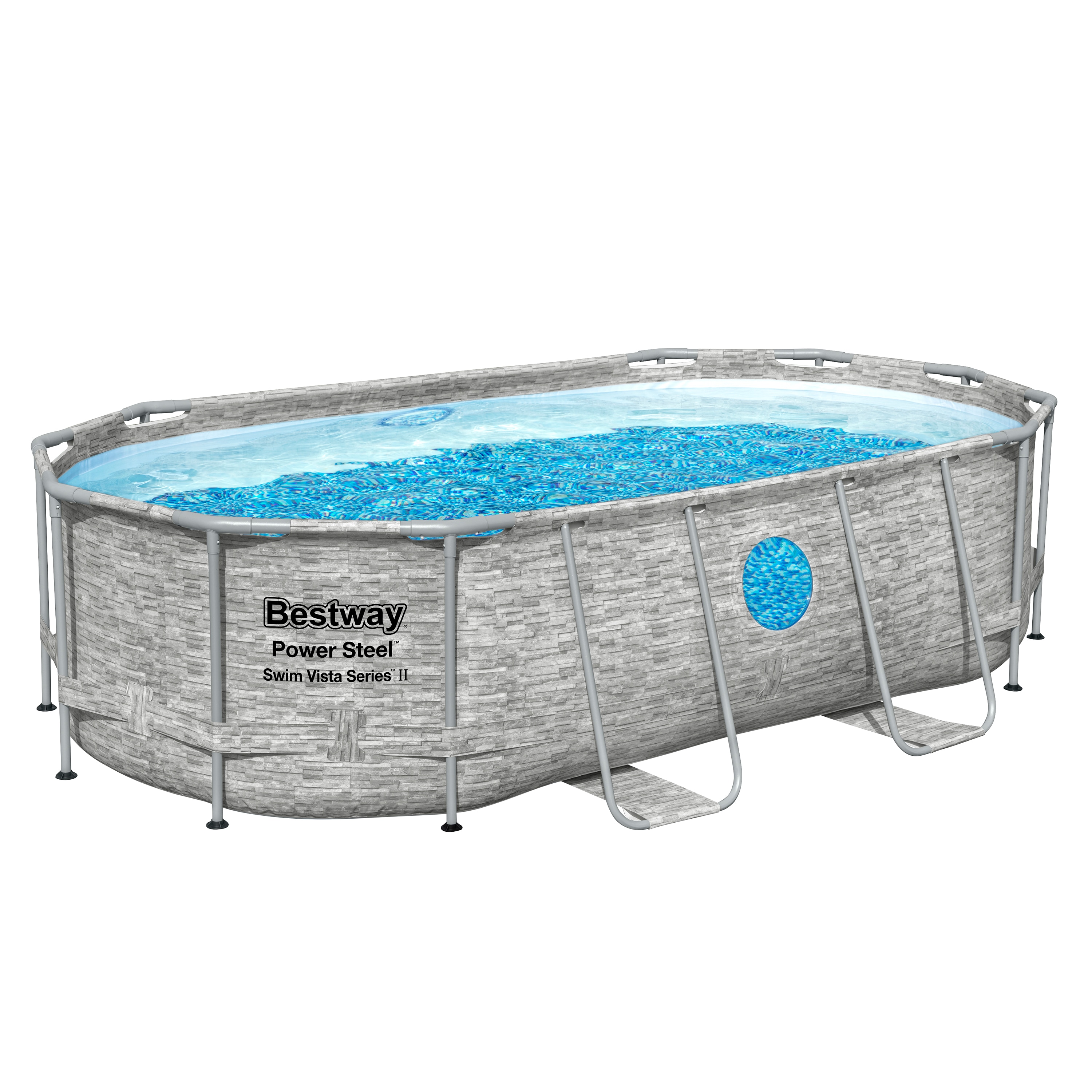 Bestway&reg; Power Steel&trade; Swim Vista Series&trade; Frame Pool Komplett-Set mit Filterpumpe 427 x 250 x 100 cm, Steinwand-Optik (Cremegrau), oval - Bild 1
