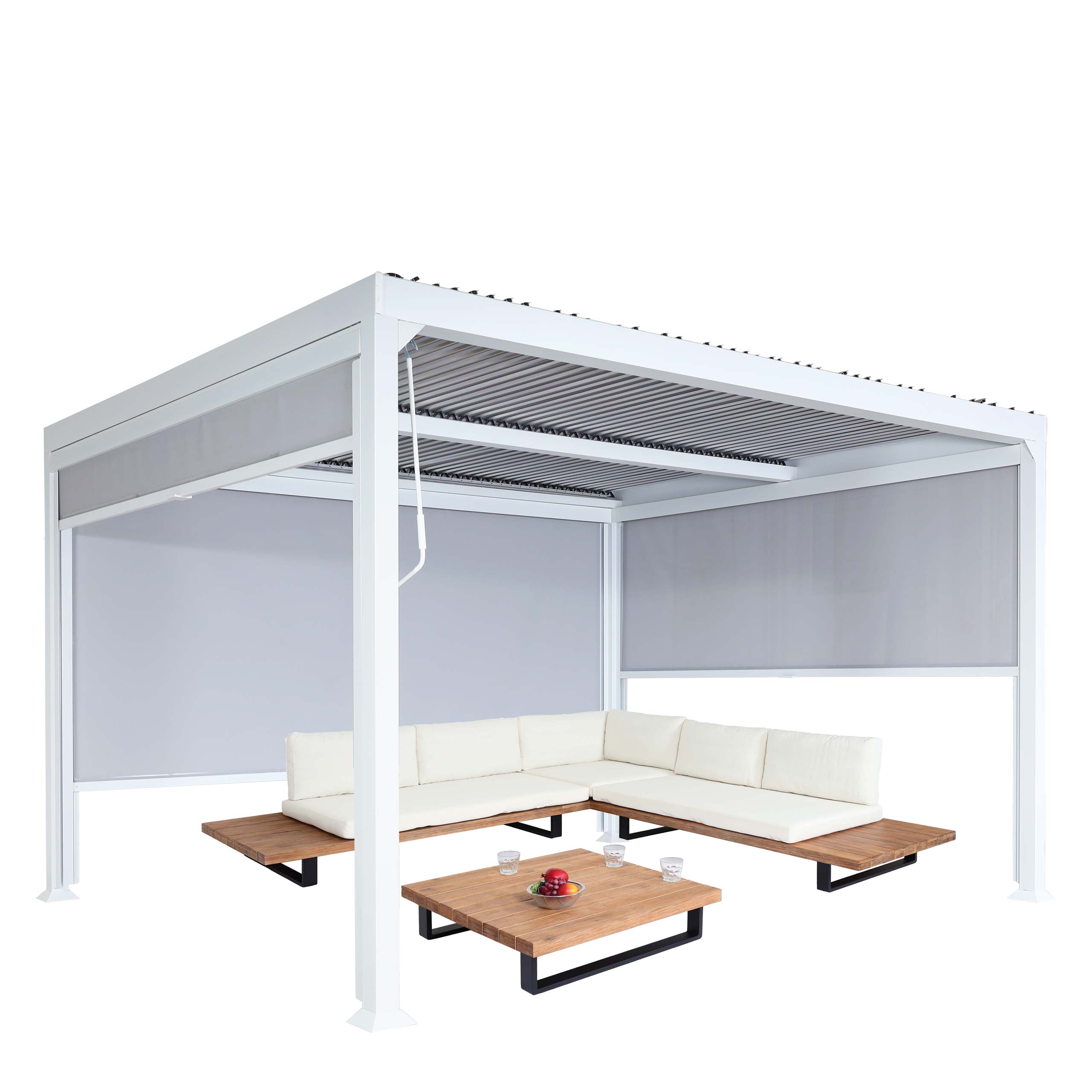 Alu Pergola MCW-L41 mit 3x Seitenwand, Lamellen-Pavillon, stabiles 8cm-Metall-Gestell 3x3,7m ~ wei&szlig; - Bild 1