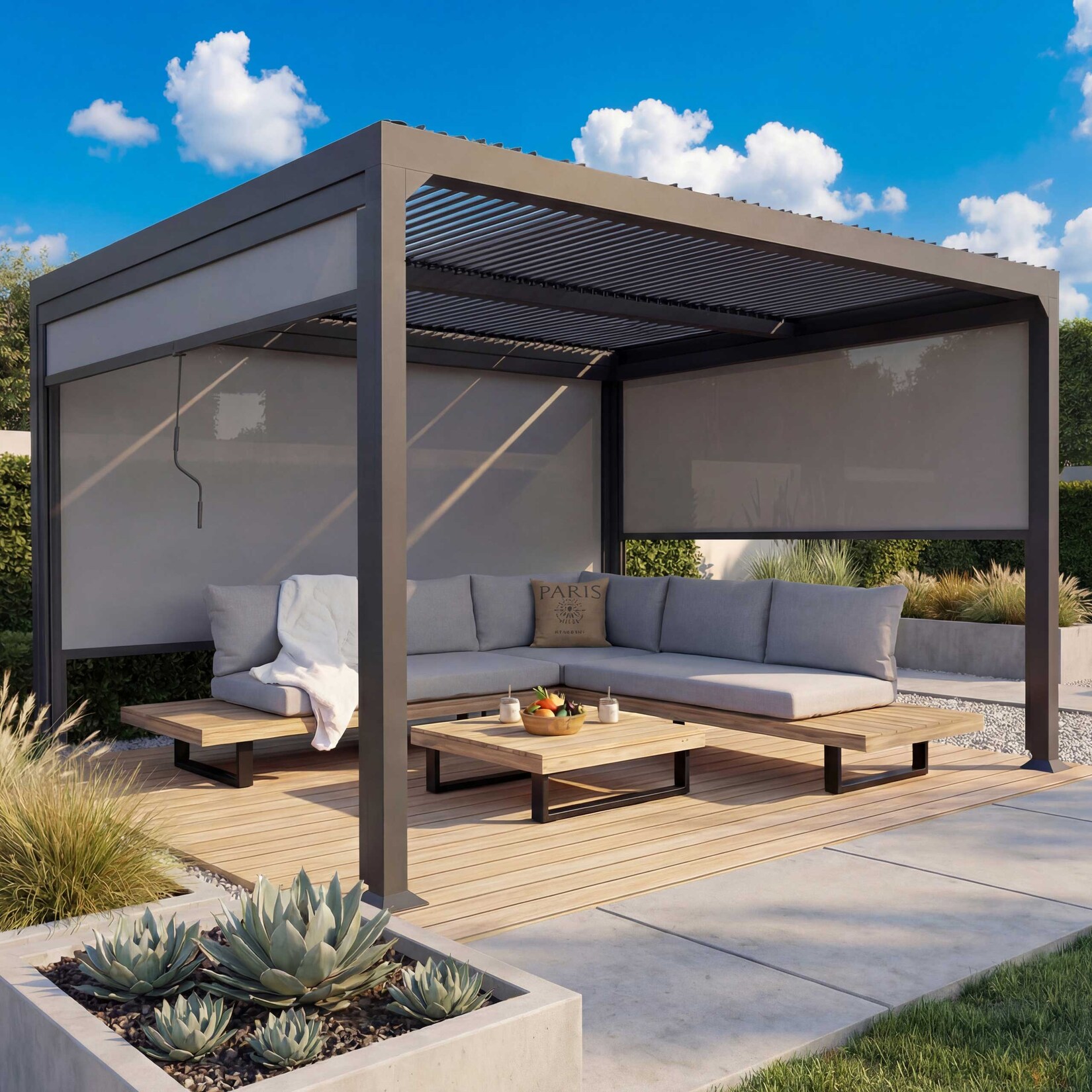 Alu Pergola MCW-L41 mit 3x Seitenwand, Lamellen-Pavillon, stabiles 8cm-Metall-Gestell 3x3,7m ~ anthrazit