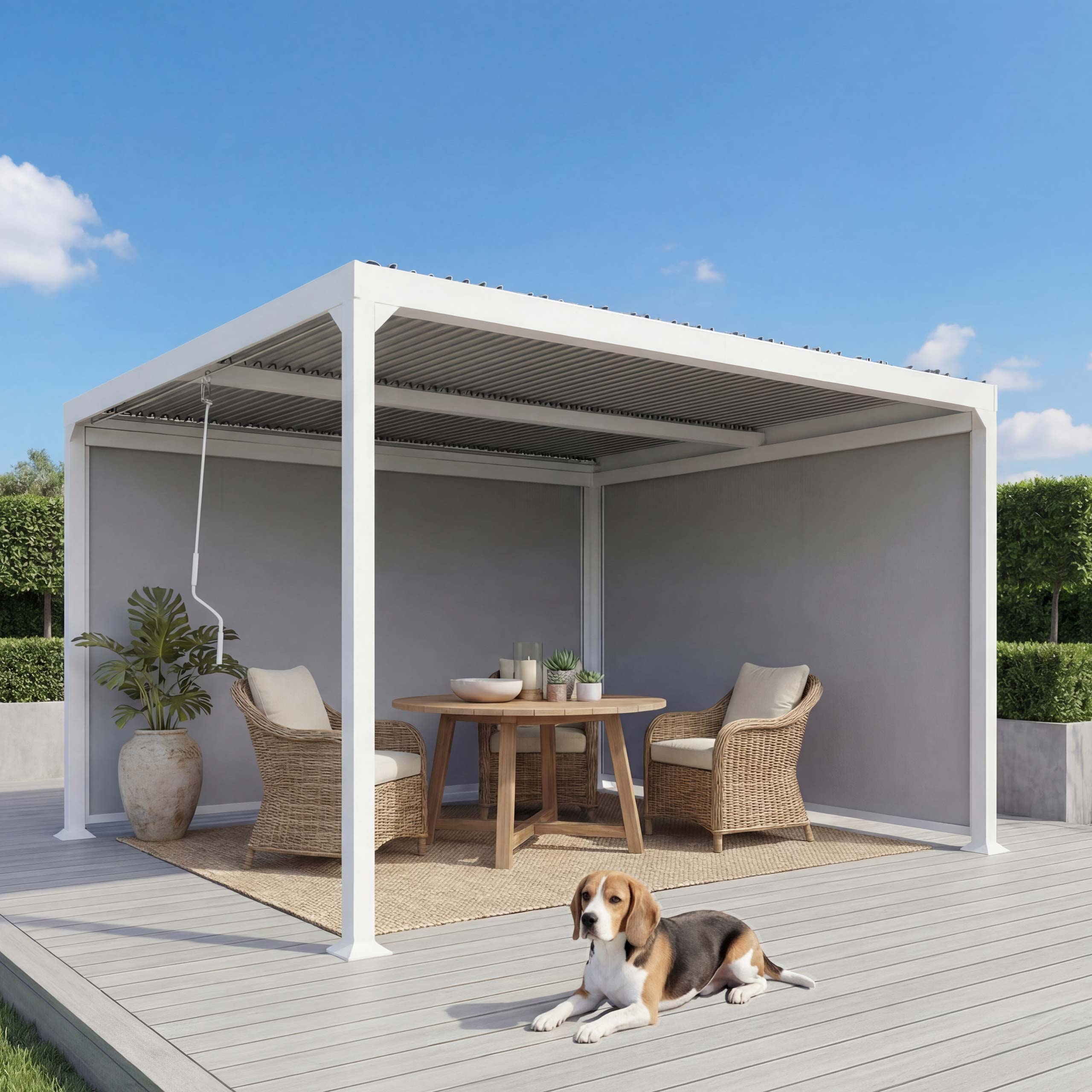 Alu Pergola MCW-L41 mit 2x Seitenwand, Lamellen-Pavillon, stabiles 8cm-Metall-Gestell 3x3,7m ~ wei&szlig; - Bild 1
