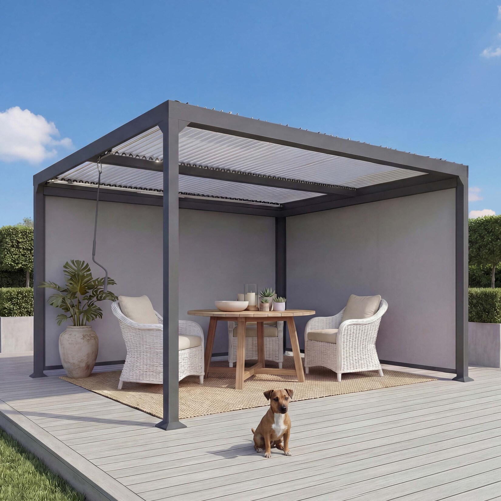 Alu Pergola MCW-L41 mit 2x Seitenwand, Lamellen-Pavillon, stabiles 8cm-Metall-Gestell 3x3,7m ~ anthrazit