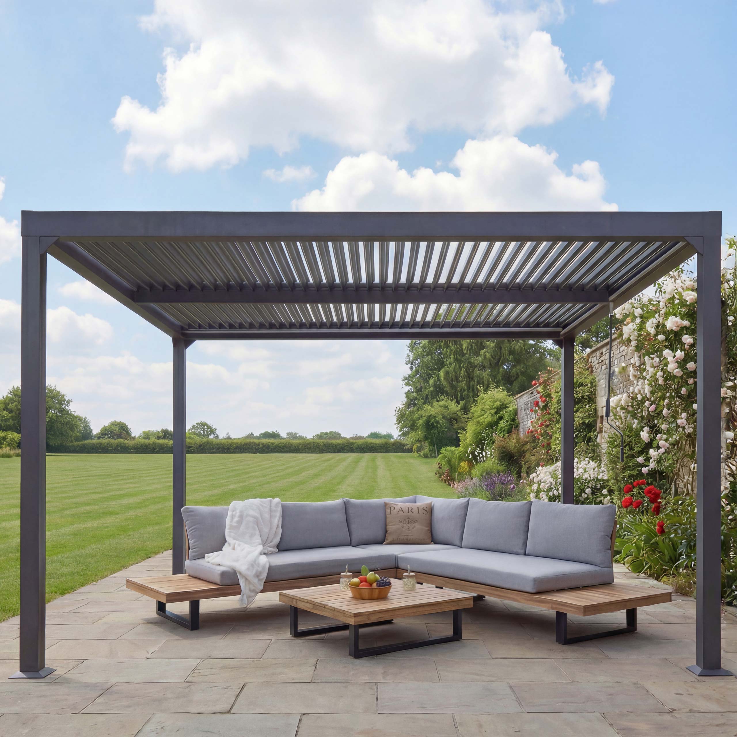 Alu Pergola MCW-L41, Lamellen-Pavillon Terrassen&uuml;berdachung, stabiles 8cm-Metall-Gestell 3x3,7m ~ anthrazit - Bild 1