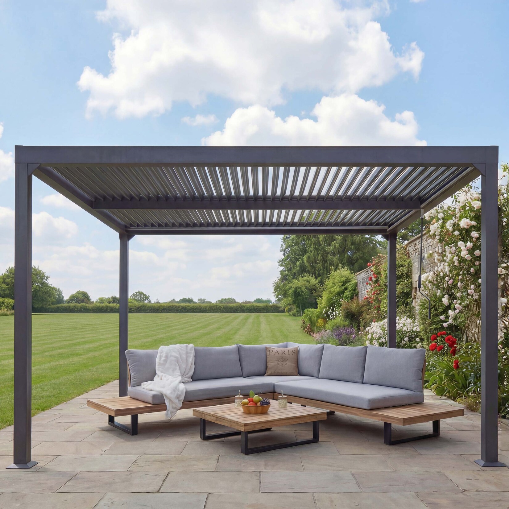 Alu Pergola MCW-L41, Lamellen-Pavillon Terrassenüberdachung, stabiles 8cm-Metall-Gestell 3x3,7m ~ anthrazit