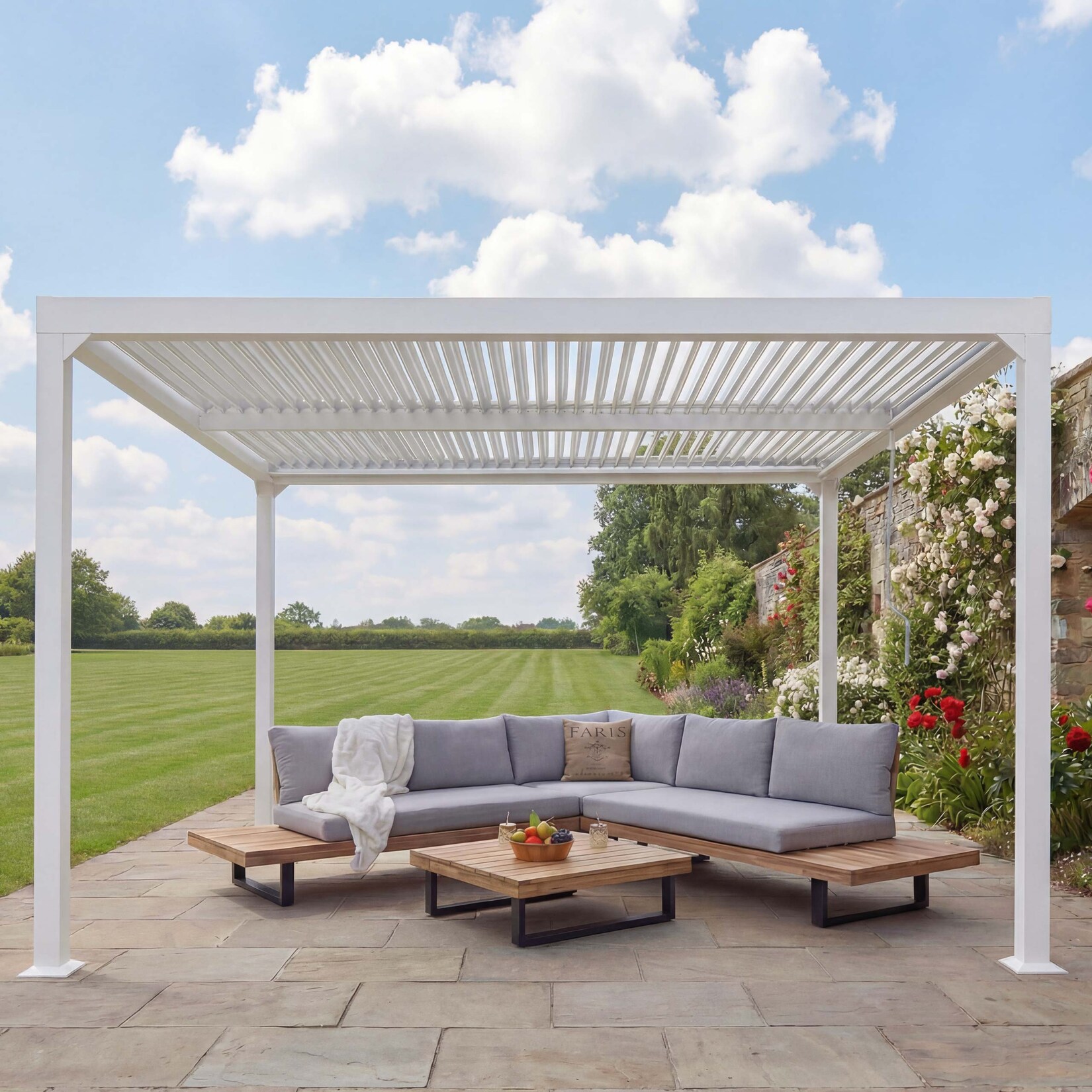 Alu Pergola MCW-L41, Lamellen-Pavillon Terrassenüberdachung, stabiles 8cm-Metall-Gestell 3x3,7m ~ weiß