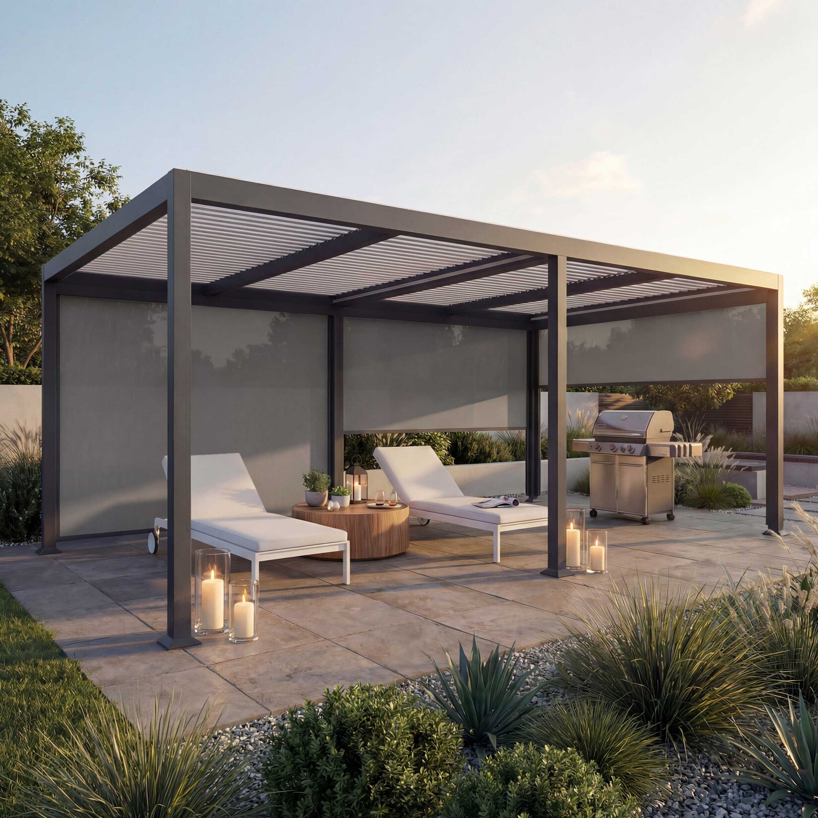 Alu Pergola MCW-L41 mit 3x Seitenwand, Lamellen-Pavillon, stabiles 8cm-Metall-Gestell 3x6m ~ anthrazit