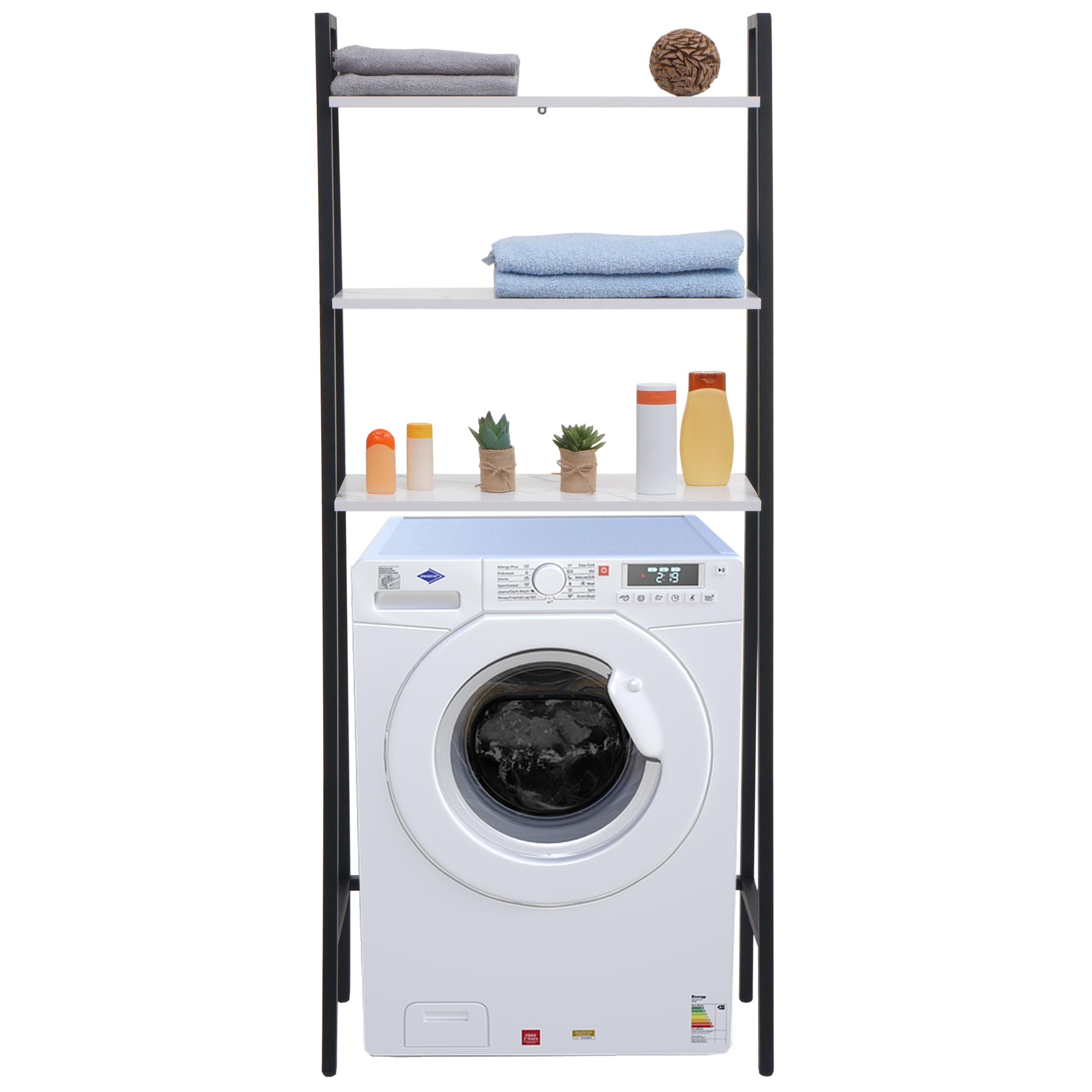 Standregal MCW-K82, Badregal Waschmaschinen-Regal Leiterregal, Industrial Metall Holz 155x64x25cm ~ Marmor-Optik wei&szlig; - Bild 1