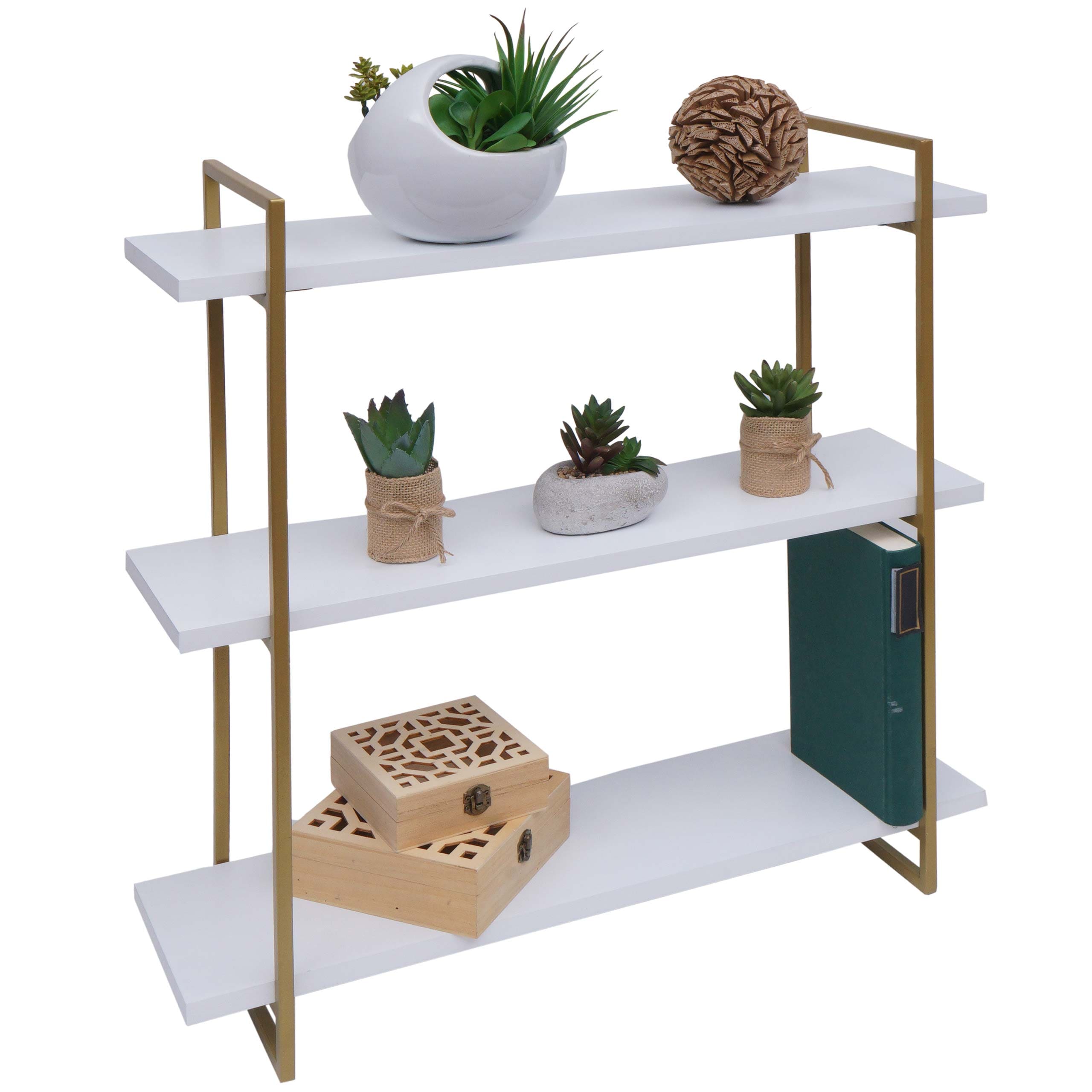 Wandregal MCW-K78, H&auml;ngeregal Schweberegal, 3 Regalb&ouml;den Metall Massiv-Holz Industrial 60x60x18cm ~ wei&szlig;, Metall gold - Bild 1