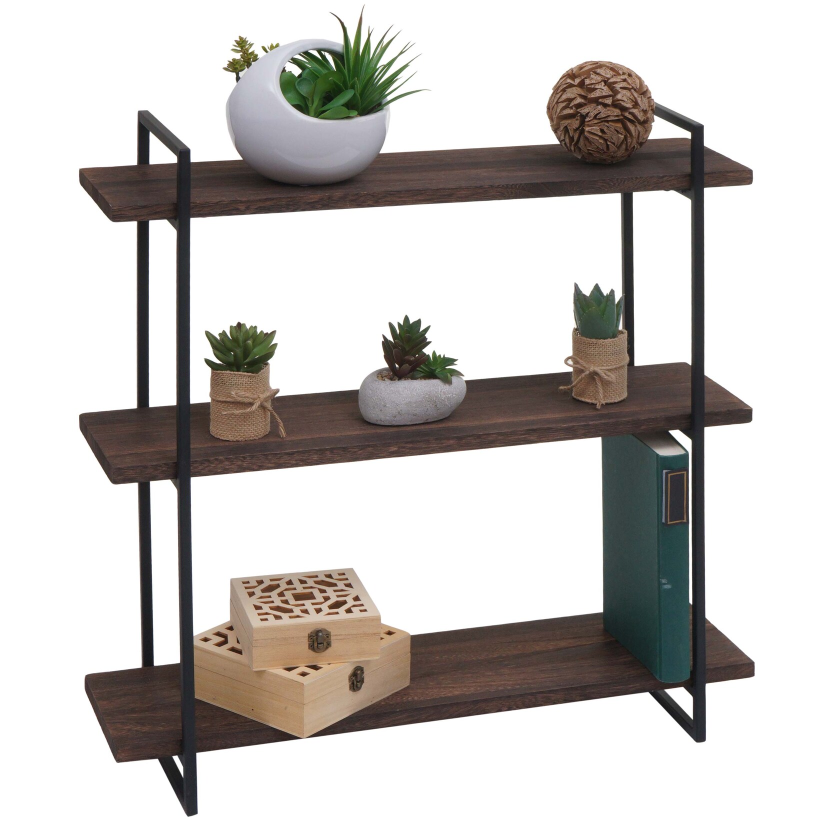 Wandregal MCW-K78, Hängeregal Schweberegal, 3 Regalböden Massiv-Holz Industrial 60x60x18cm ~ dunkelbraun, Metall schwarz
