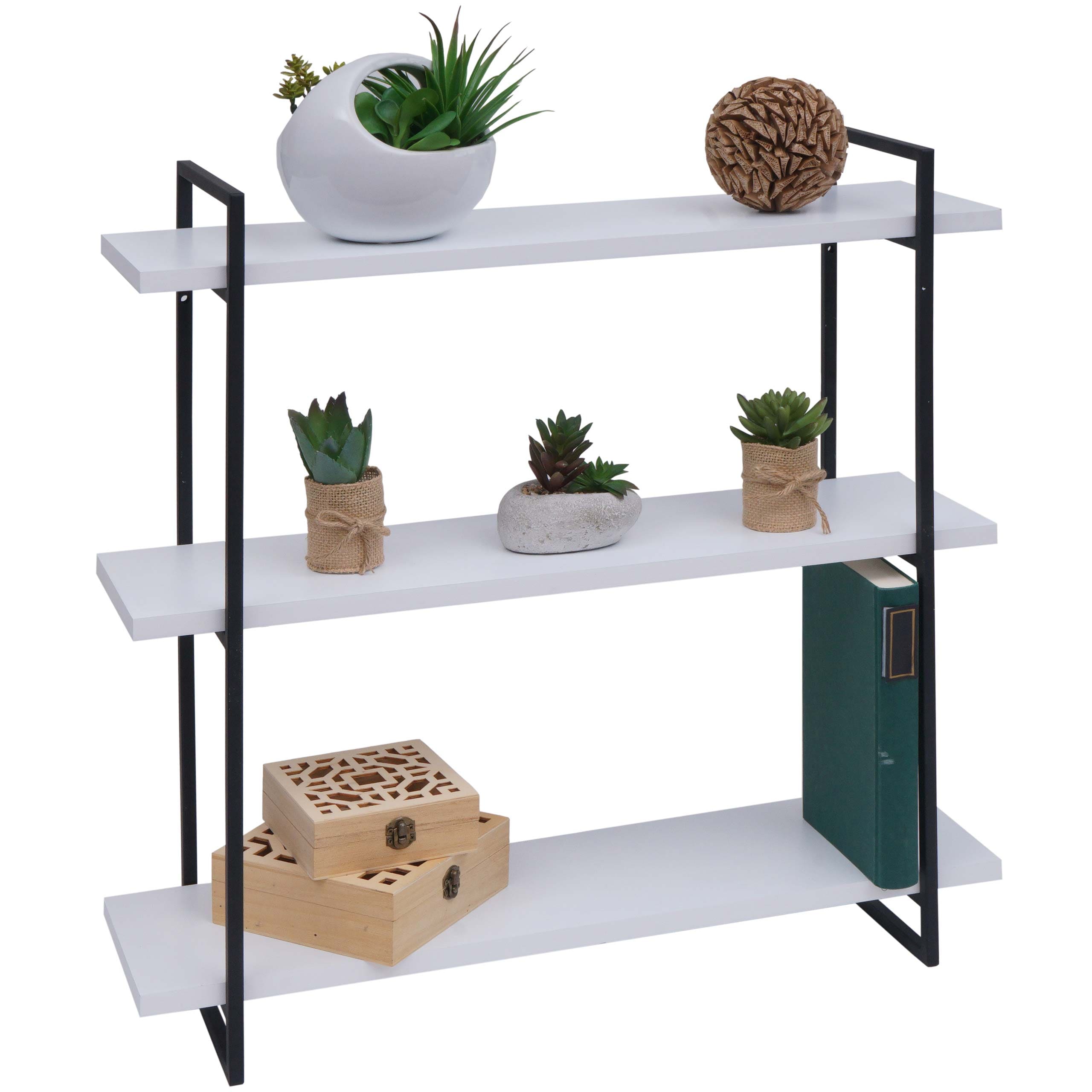 Wandregal MCW-K78, H&auml;ngeregal Schweberegal, 3 Regalb&ouml;den Metall Massiv-Holz Industrial 60x60x18cm ~ wei&szlig;, Metall schwarz - Bild 1