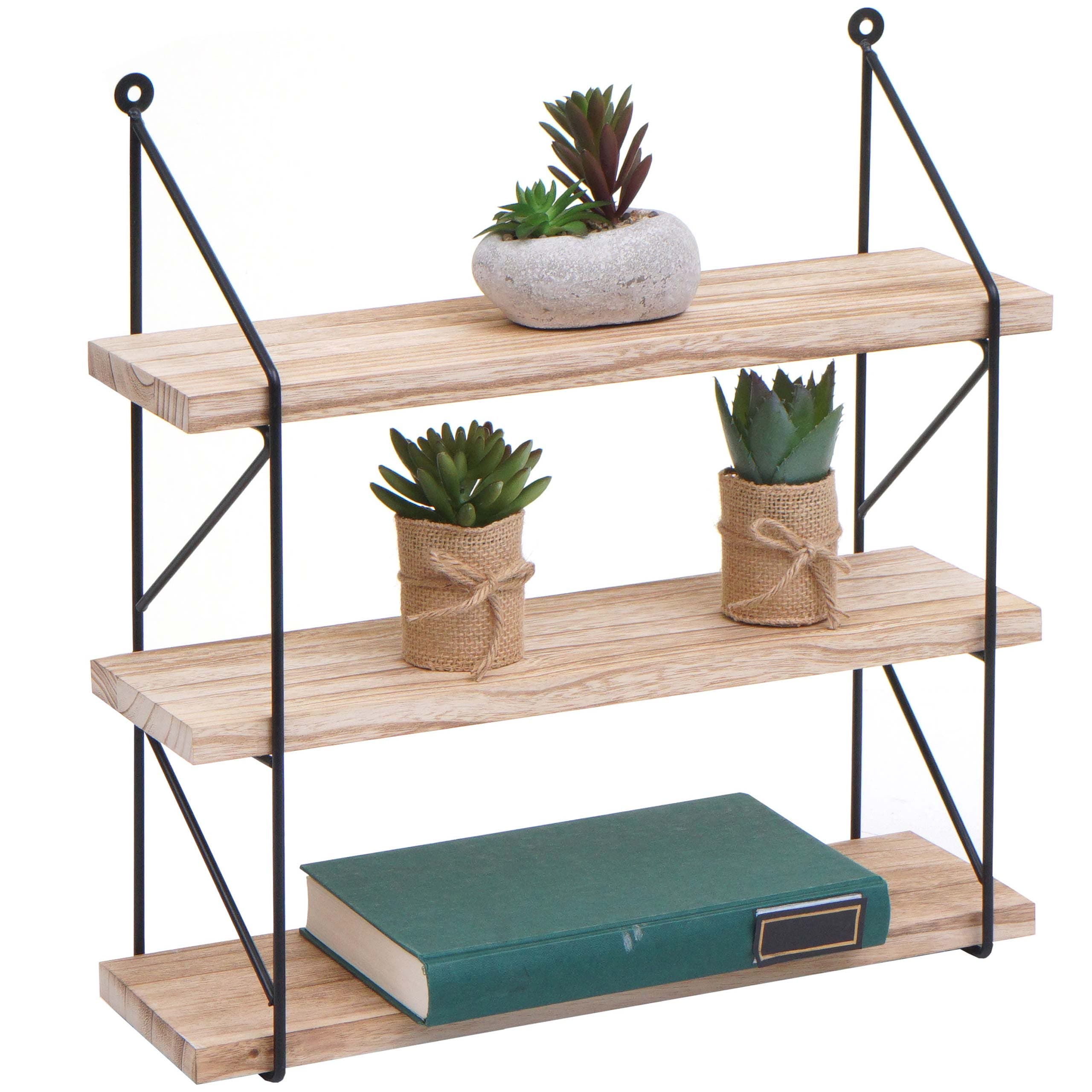 Wandregal MCW-K78, H&auml;ngeregal Schweberegal Regal, 3 Regalb&ouml;den Metall Massiv-Holz Industrial 40x40x13cm ~ natur - Bild 1