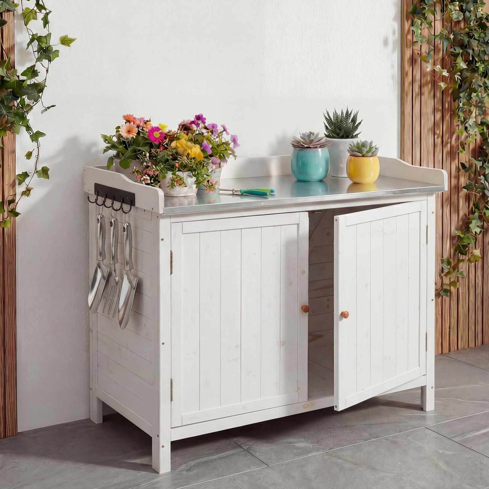 Gartenschrank mit Arbeitsplatte MCW-L69, Pflanztisch, Outdoor Tanne Holz MVG-zertifiziert 86x104x52cm ~ weiß
