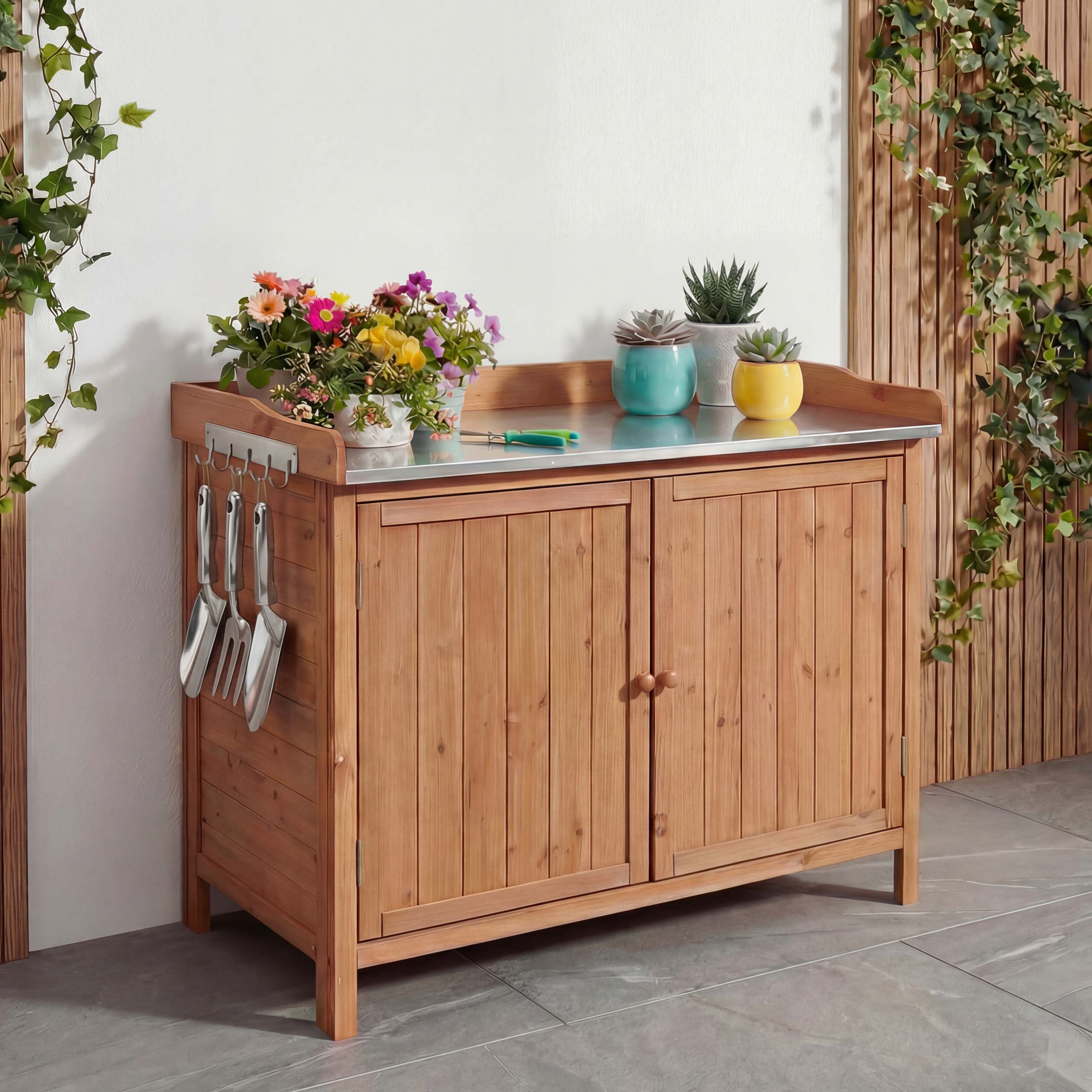 Gartenschrank mit Arbeitsplatte MCW-L69, Pflanztisch, Outdoor Tanne Holz MVG-zertifiziert 86x104x52cm ~ braun - Bild 1