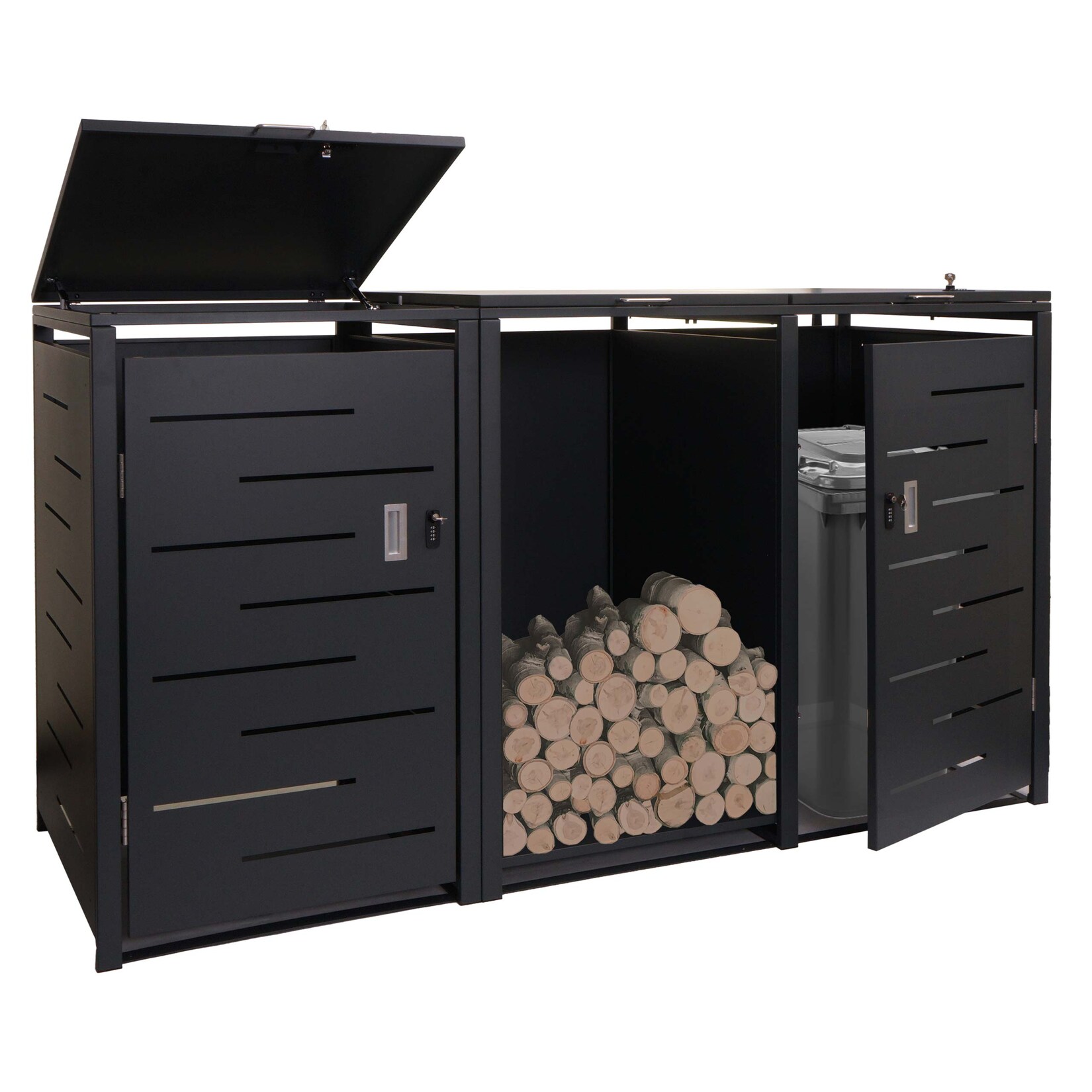 2er Mülltonnenverkleidung mit Brennholzregal MCW-E83, Mülltonnenbox, erweiterbar 117x198x82cm 80kg~ anthrazit, Stahl | 04057651575797