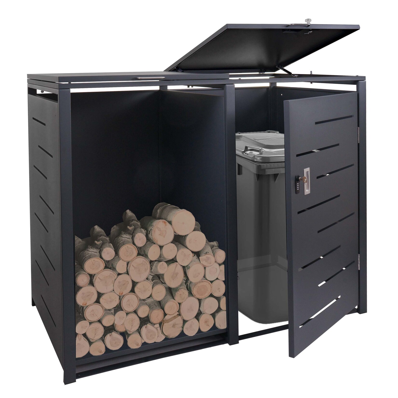 Mülltonnenverkleidung mit Brennholzregal MCW-E83, Mülltonnenbox, erweiterbar 117x132x82cm 52kg ~ anthrazit, Stahl | 04057651576138