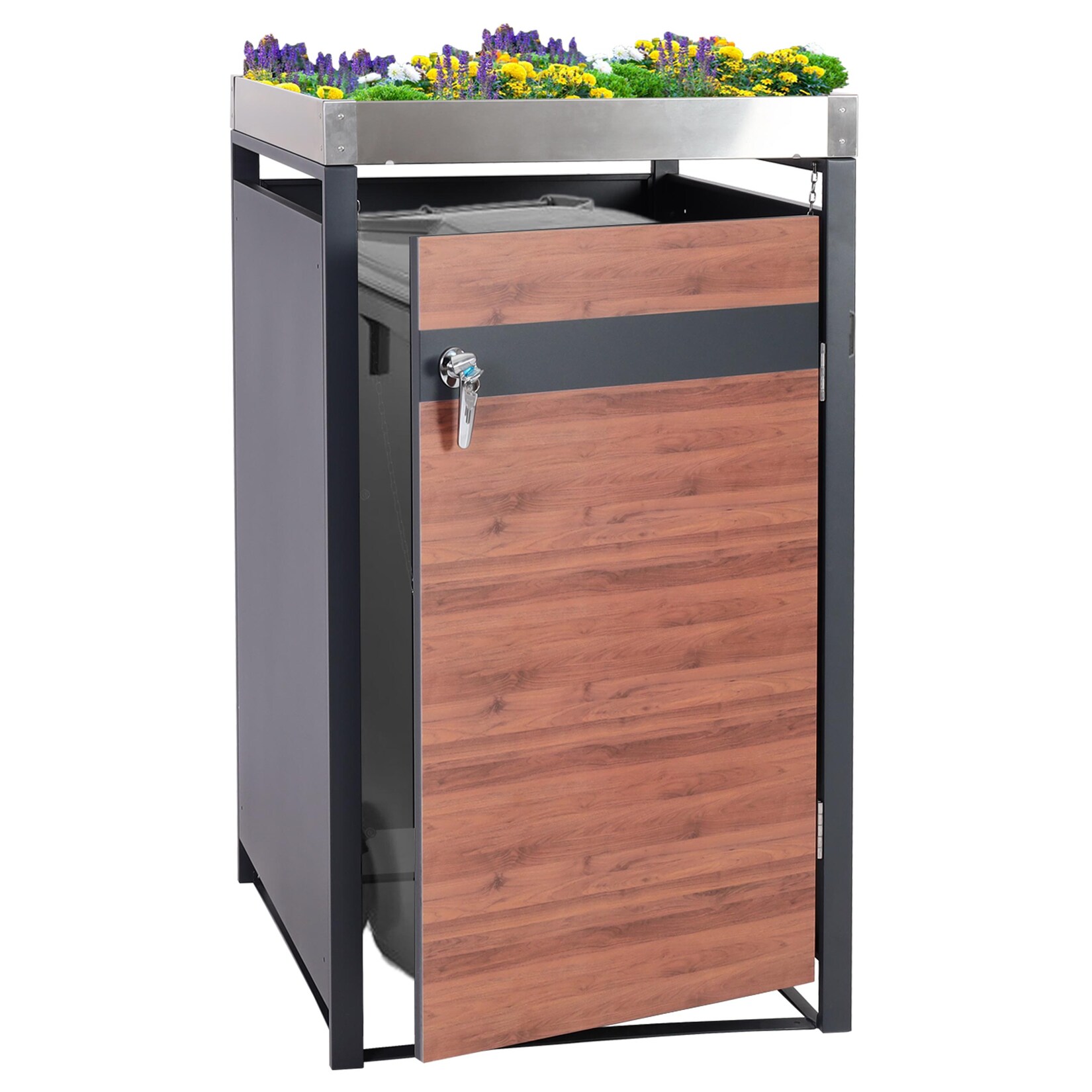 1er Mülltonnenverkleidung mit Pflanzkasten MCW-J82, erweiterbar, Metall 37kg, anthrazit ~ Kirsche-Holzoptik dunkelbraun