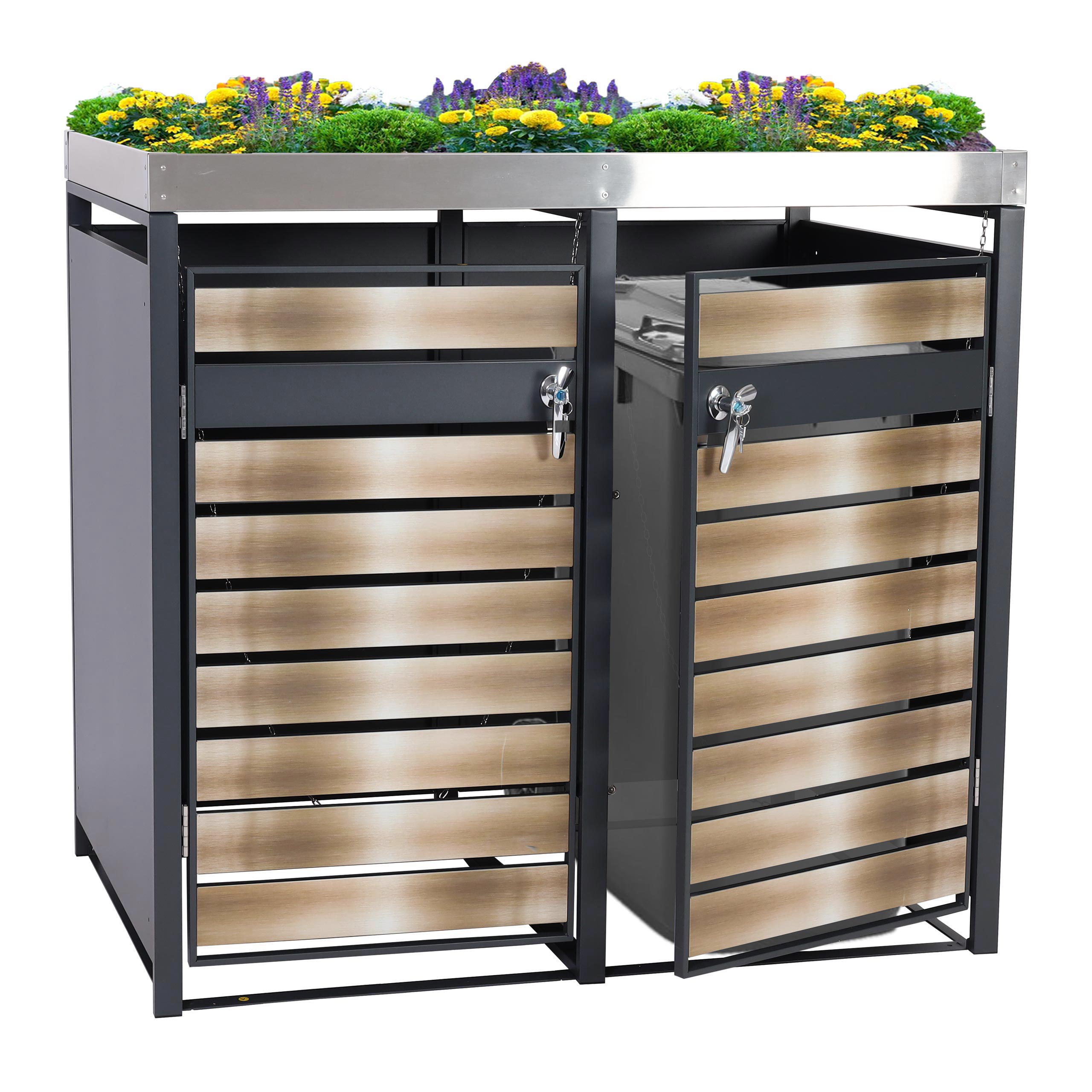 2er M&uuml;lltonnenverkleidung mit Pflanzkasten MCW-J81, erweiterbar, 125x132x80cm Metall 47kg, anthrazit ~ gold - Bild 1