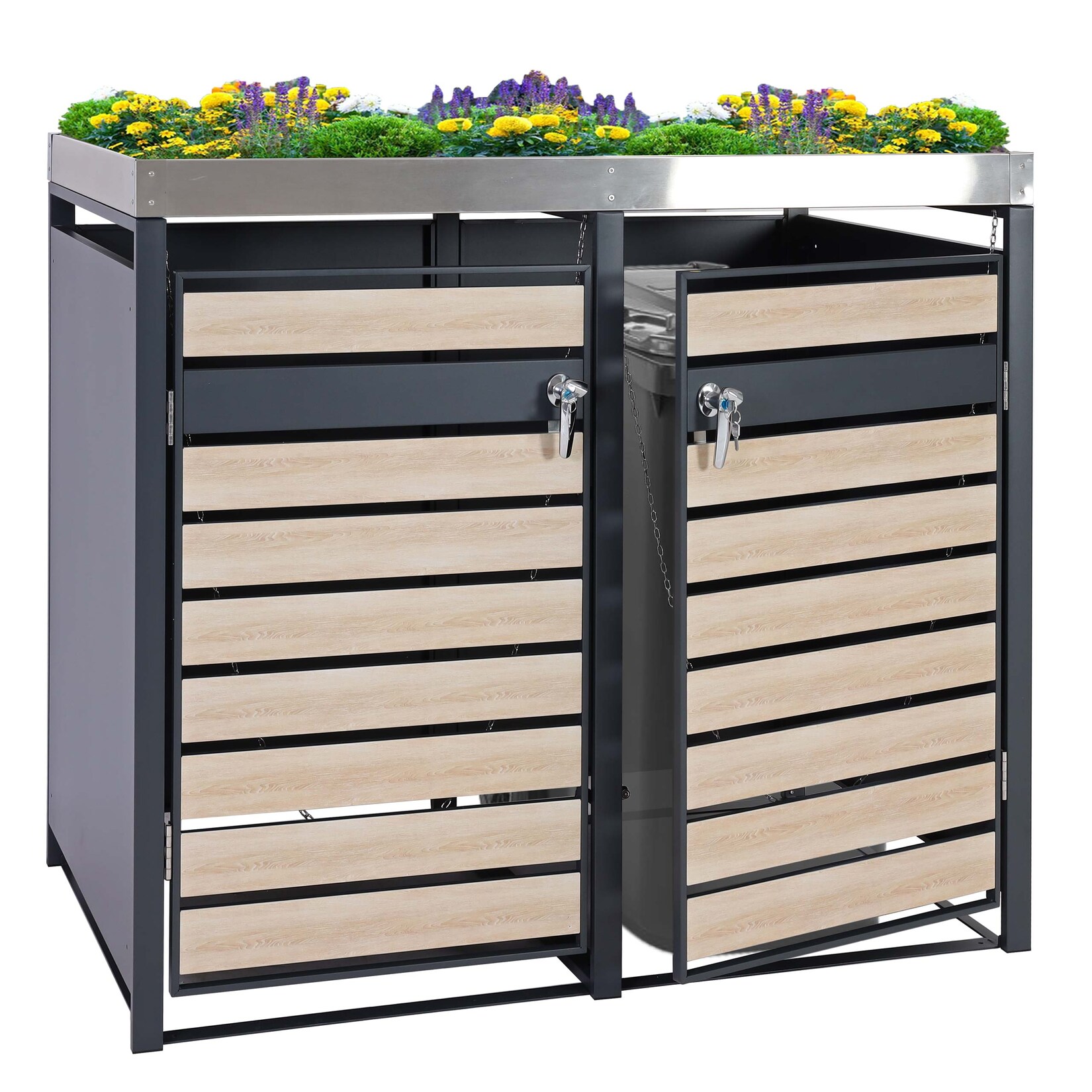2er Mülltonnenverkleidung mit Pflanzkasten MCW-J81, erweiterbar, 125x132x80cm Metall 47kg, anthrazit ~ Buche-Holzoptik