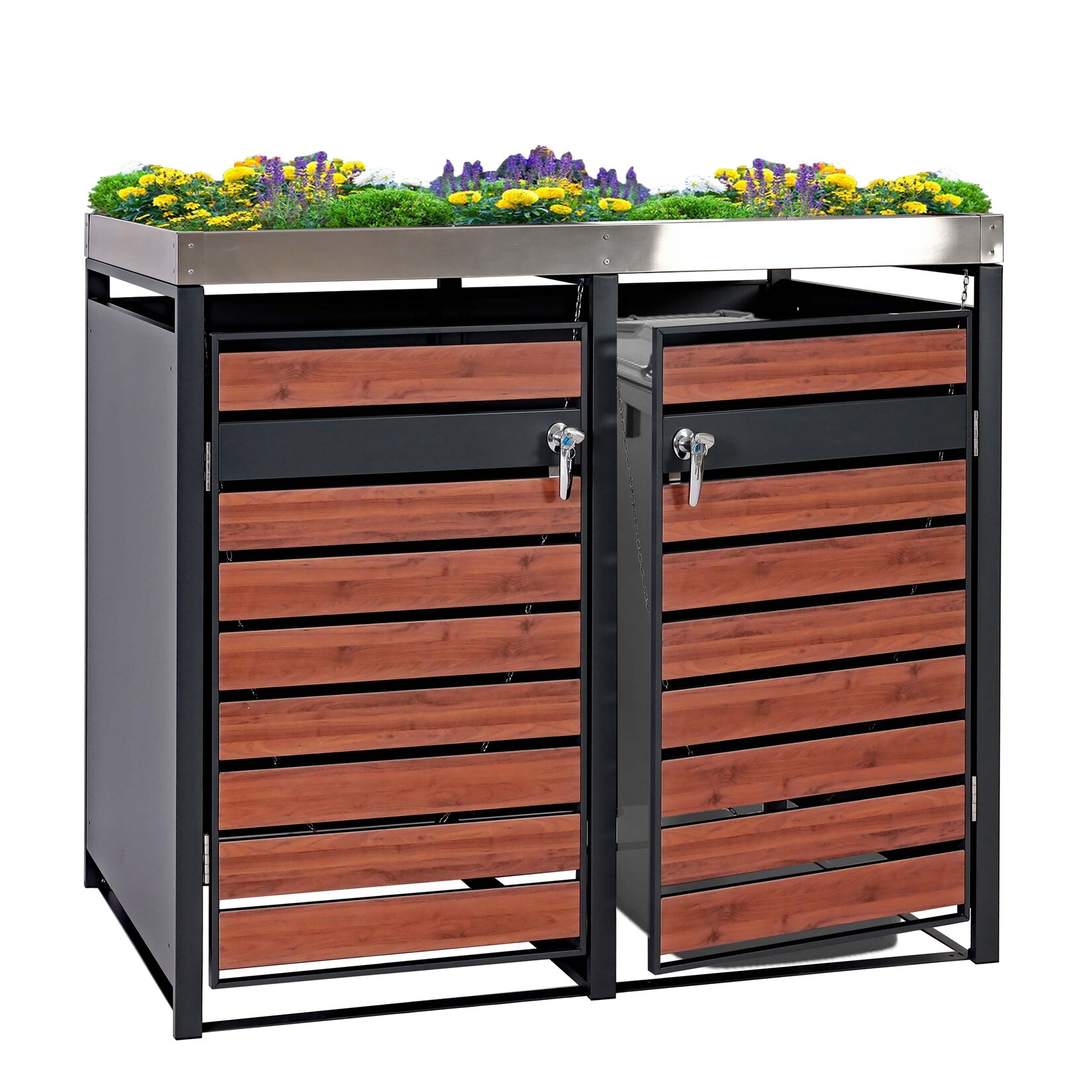 2er Mülltonnenverkleidung mit Pflanzkasten MCW-J81, erweiterbar, 125x132x80cm Metall 47kg, anthrazit ~ Kirsche-Holzoptik