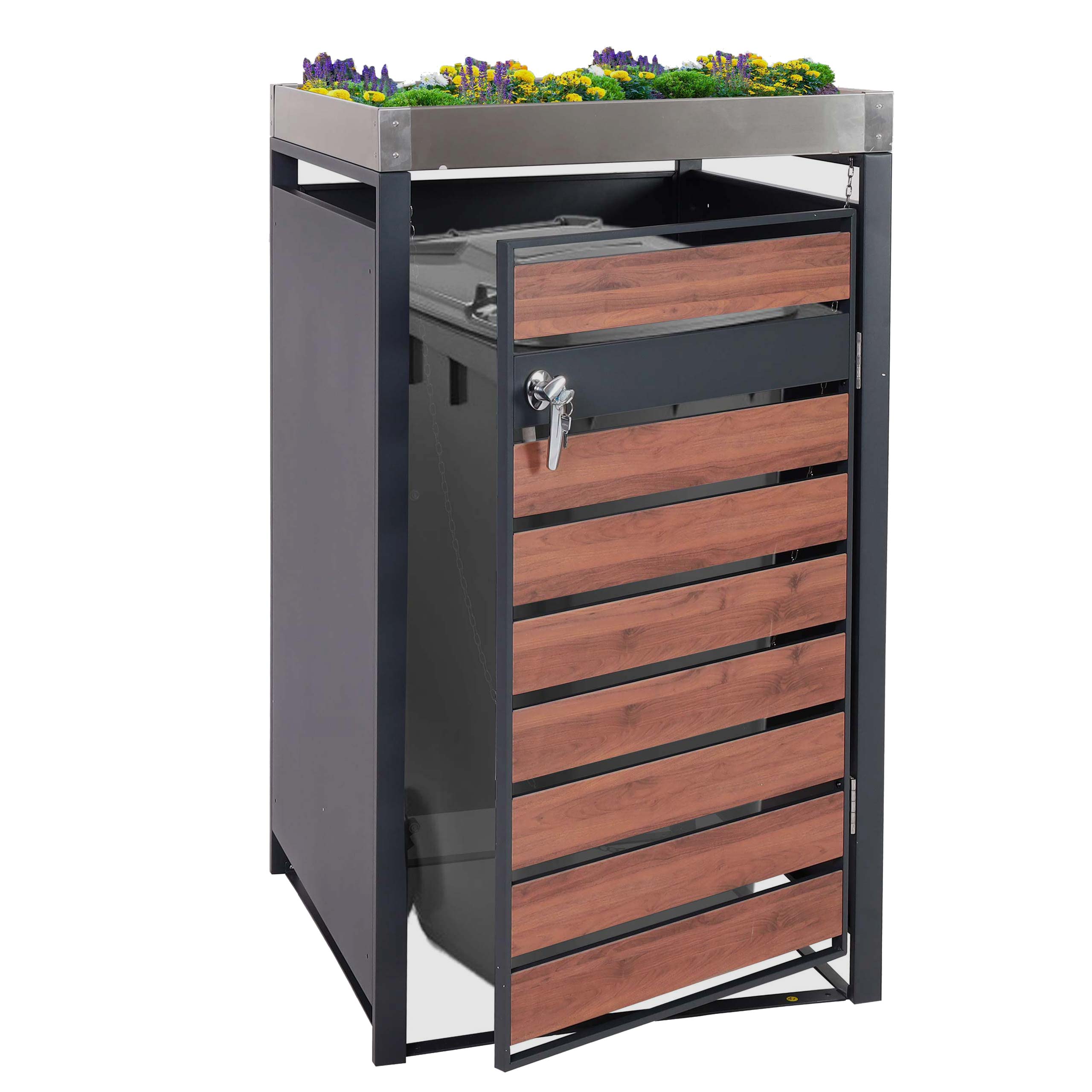 1er M&uuml;lltonnenverkleidung mit Pflanzkasten MCW-J81, erweiterbar, 125x68x80cm Metall 31kg, anthrazit ~ Kirsche-Holzoptik - Bild 1